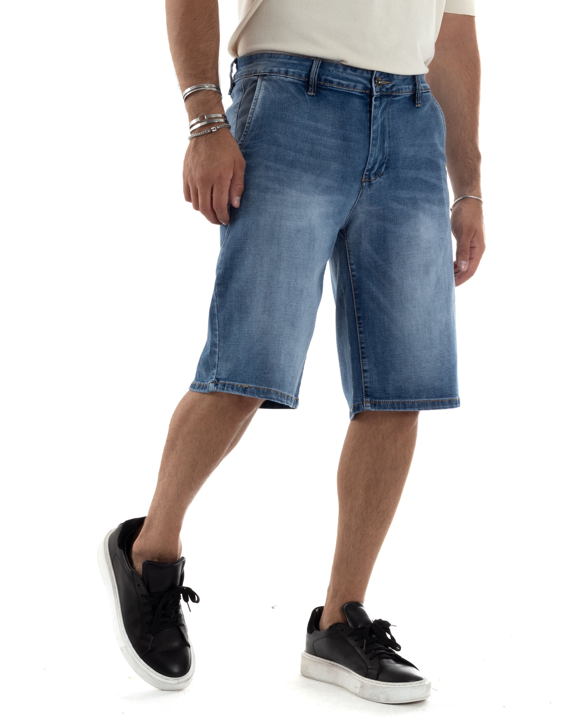 Bermuda Jeans Pantaloncini Corti Uomo Oversize Casual Wide Leg Tasche America Lavaggio Medio Denim GIOSAL-PC1963A