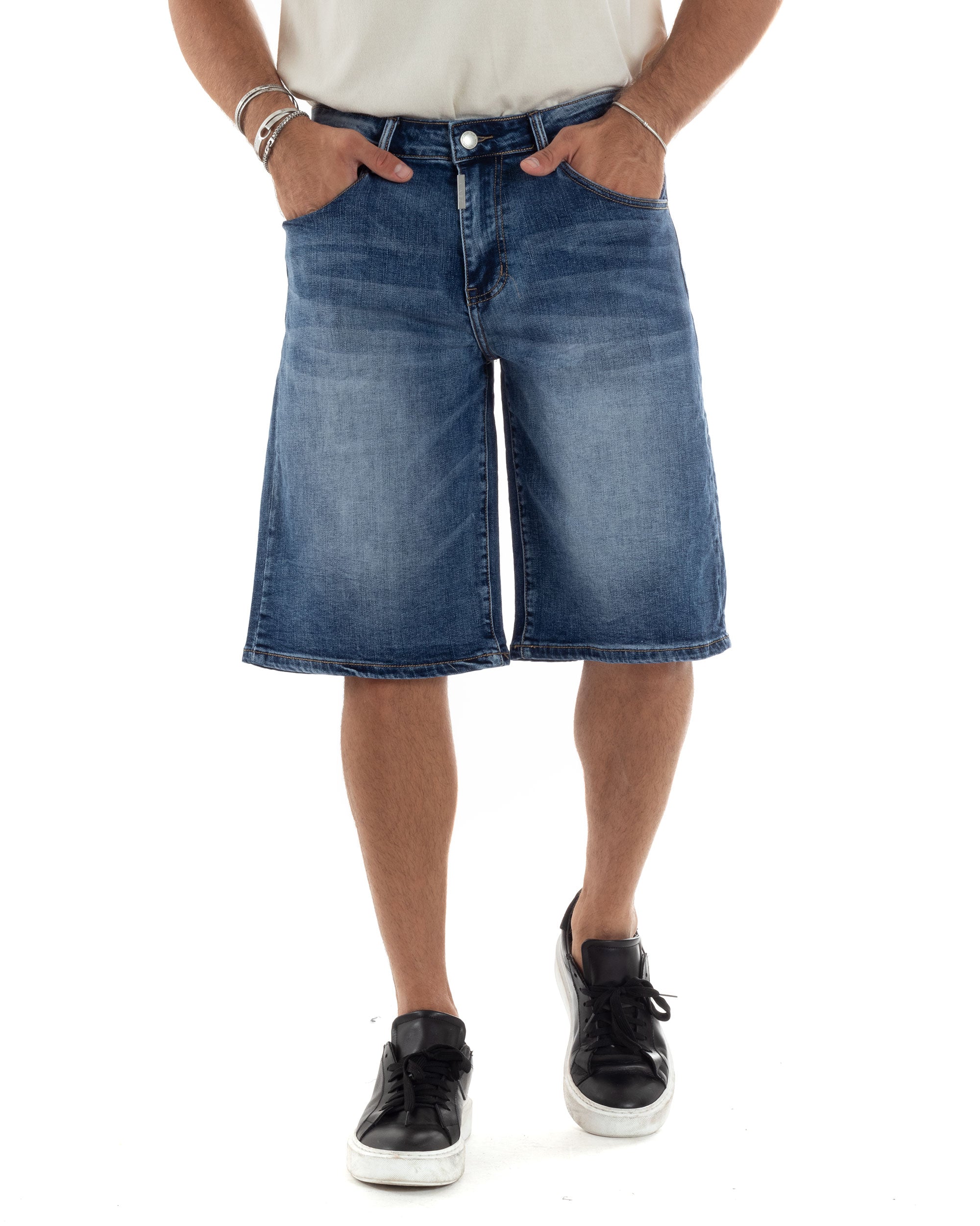 Bermuda Jeans Pantaloncini Corti Uomo Wide Leg Lavaggio Medio Casual Oversize Cinque Tasche Denim GIOSAL-PC1964A