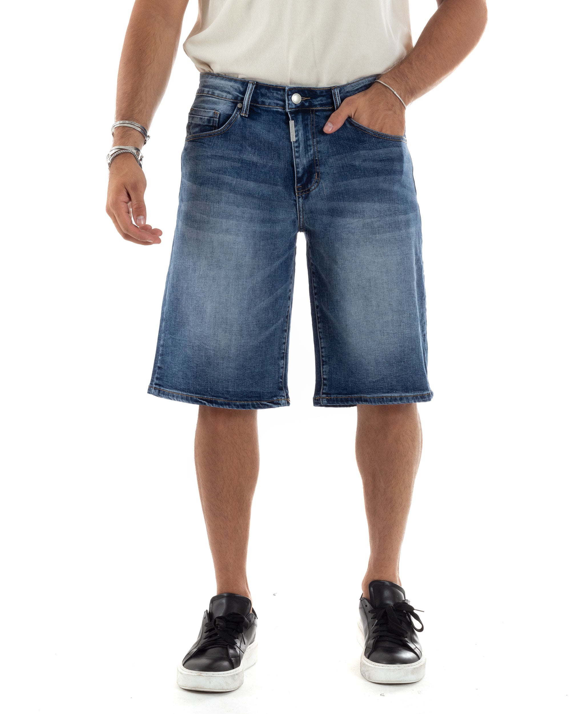 Bermuda Jeans Pantaloncini Corti Uomo Wide Leg Lavaggio Medio Casual O