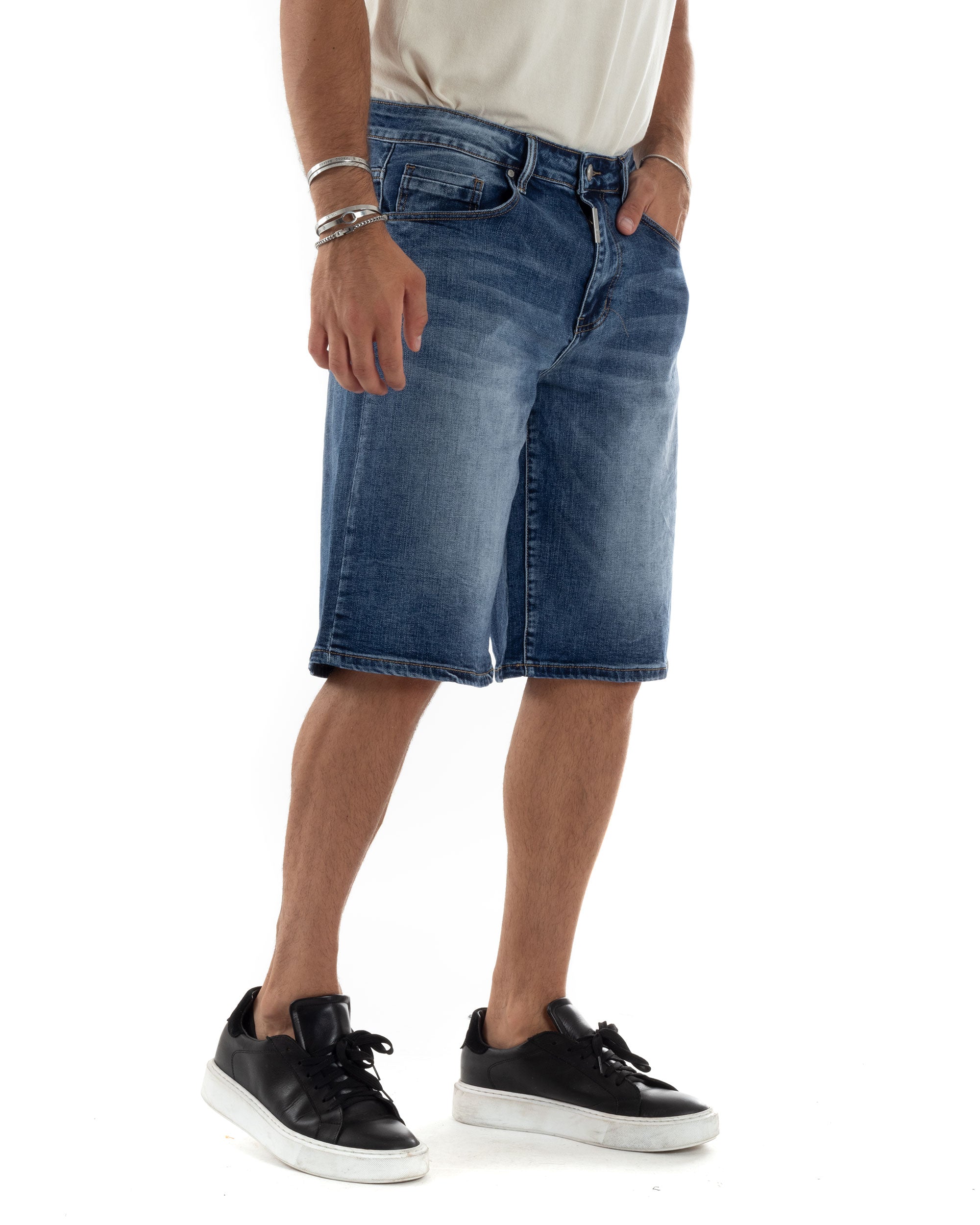 Bermuda Jeans Pantaloncini Corti Uomo Wide Leg Lavaggio Medio Casual Oversize Cinque Tasche Denim GIOSAL-PC1964A
