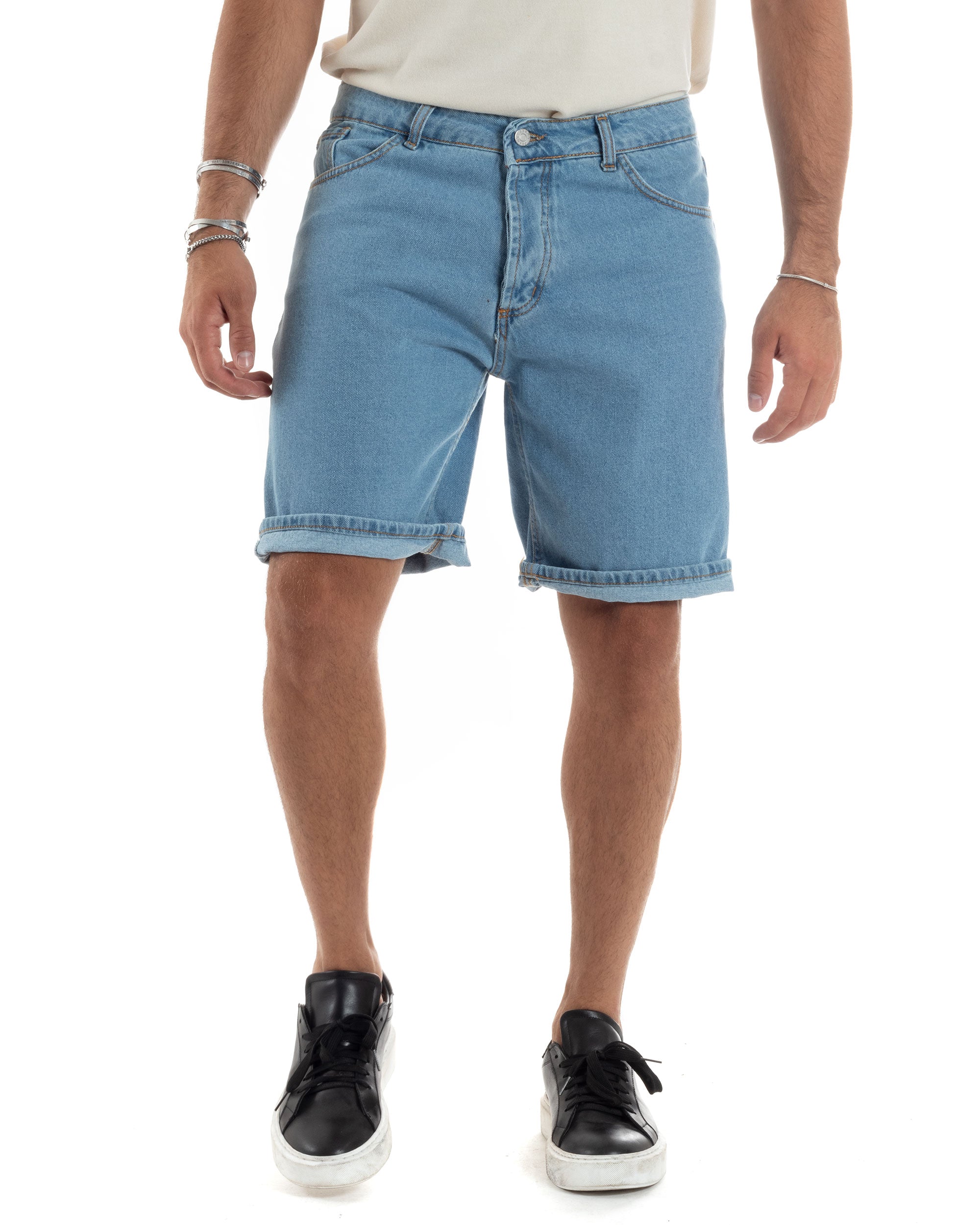 Bermuda Jeans Uomo Cotone Pantaloncini Corti Cinque Tasche Basic Wide Leg Lavaggio Chiaro Casual Denim GIOSAL-PC1965A