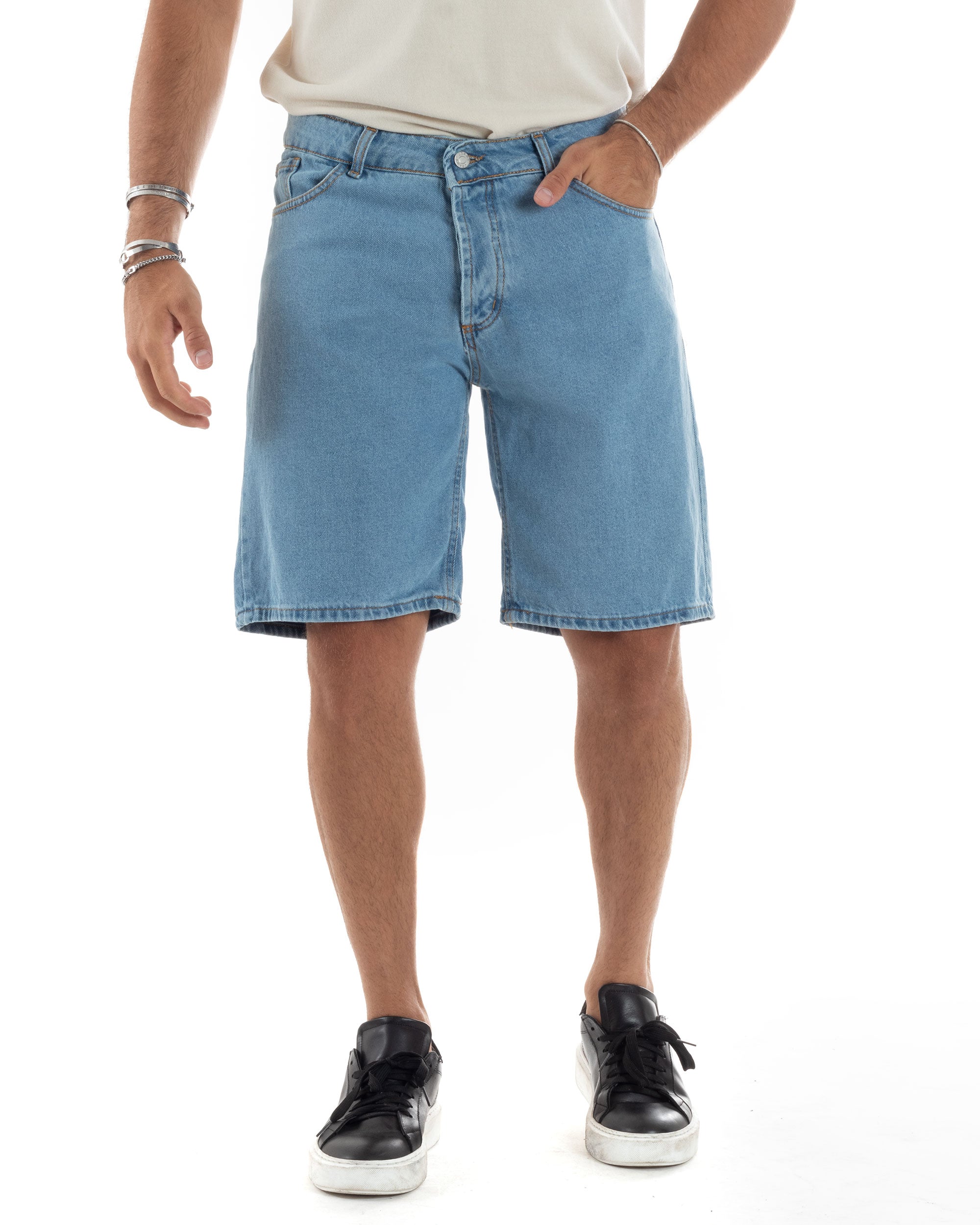 Bermuda Jeans Uomo Cotone Pantaloncini Corti Cinque Tasche Basic Wide Leg Lavaggio Chiaro Casual Denim GIOSAL-PC1965A