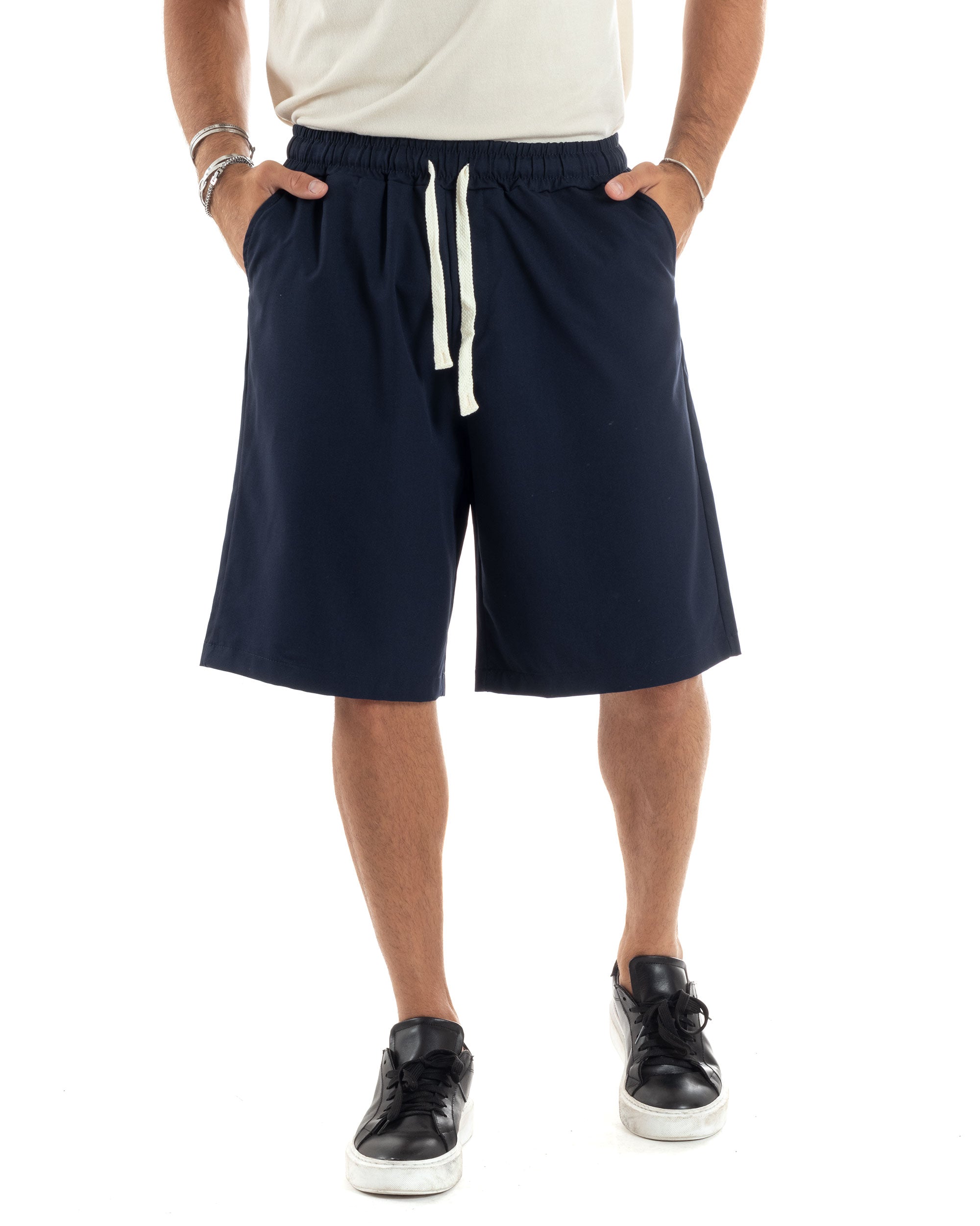 Bermuda Uomo Viscosa Pantalaccio Corto Jogger Con Laccio Wide Leg Oversize Comodo Basic Tinta Unita Blu GIOSAL-PC1967A