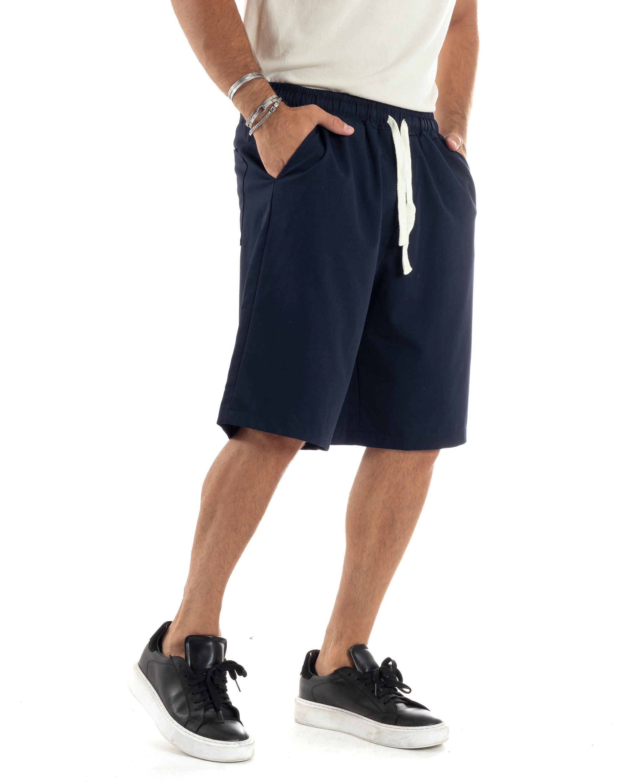 Bermuda Uomo Viscosa Pantalaccio Corto Jogger Con Laccio Wide Leg Oversize Comodo Basic Tinta Unita Blu GIOSAL-PC1967A