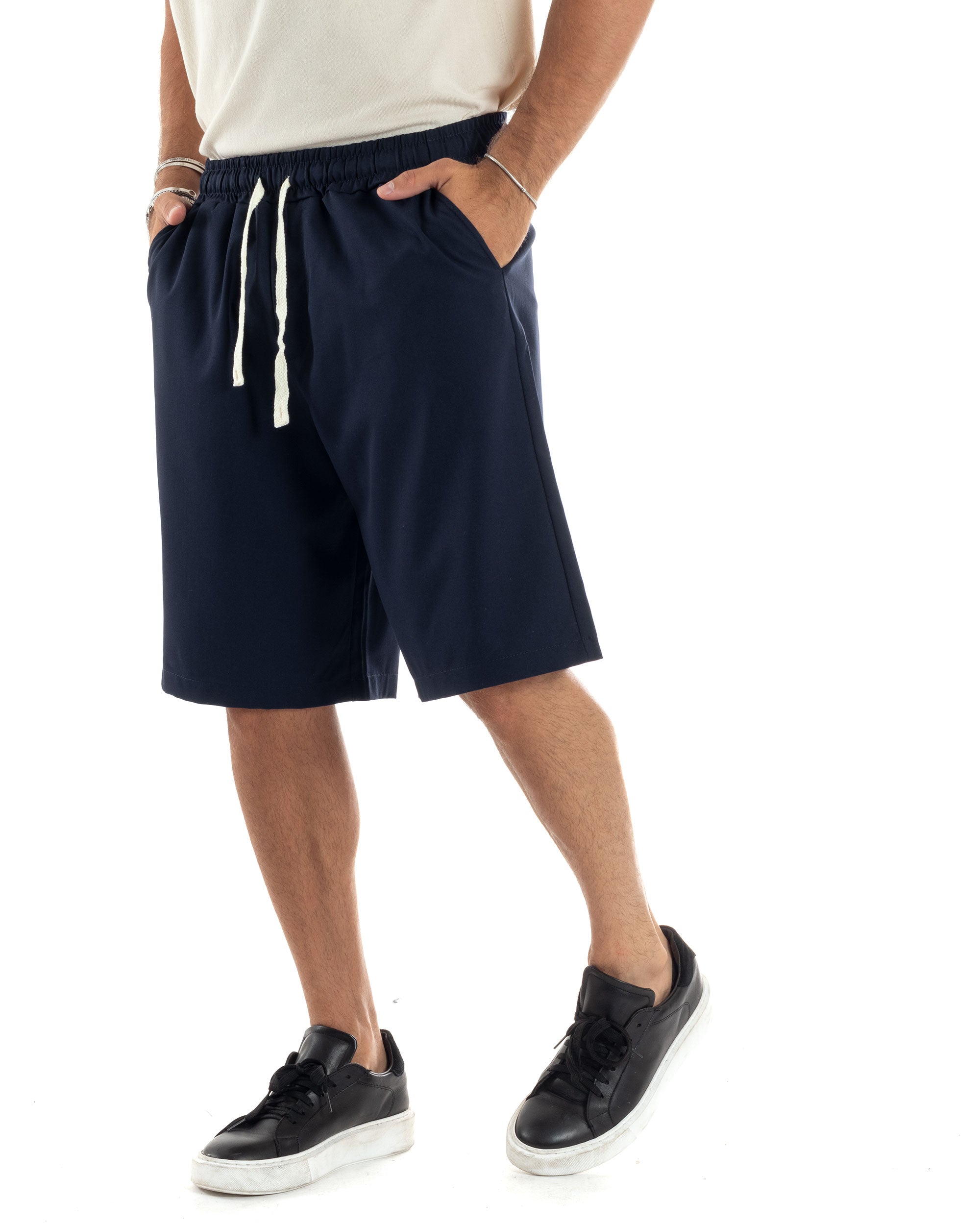 Bermuda Uomo Viscosa Pantalaccio Corto Jogger Con Laccio Wide Leg Oversize Comodo Basic Tinta Unita Blu GIOSAL-PC1967A