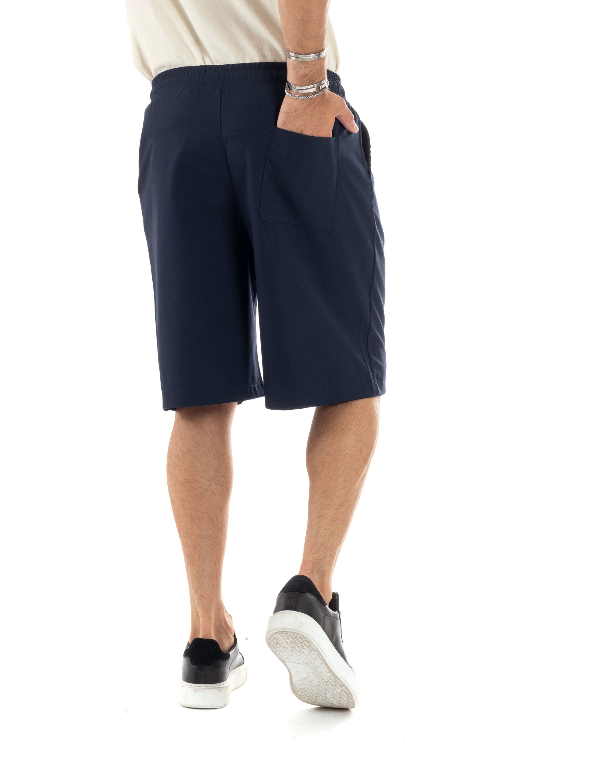 Bermuda Uomo Viscosa Pantalaccio Corto Jogger Con Laccio Wide Leg Oversize Comodo Basic Tinta Unita Blu GIOSAL-PC1967A