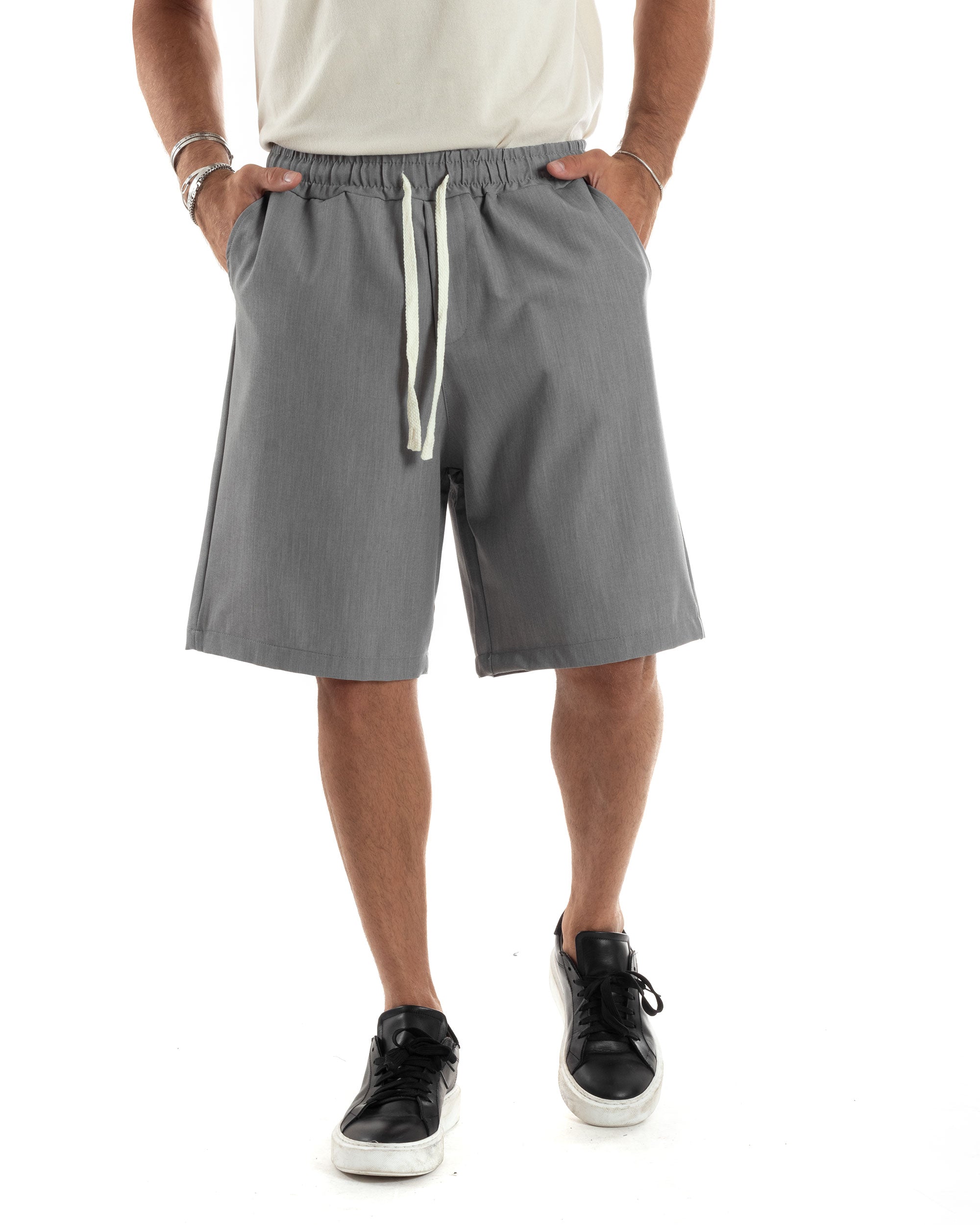 Bermuda Uomo Viscosa Pantalaccio Corto Jogger Con Laccio Wide Leg Oversize Comodo Basic Tinta Unita Grigio GIOSAL-PC1968A