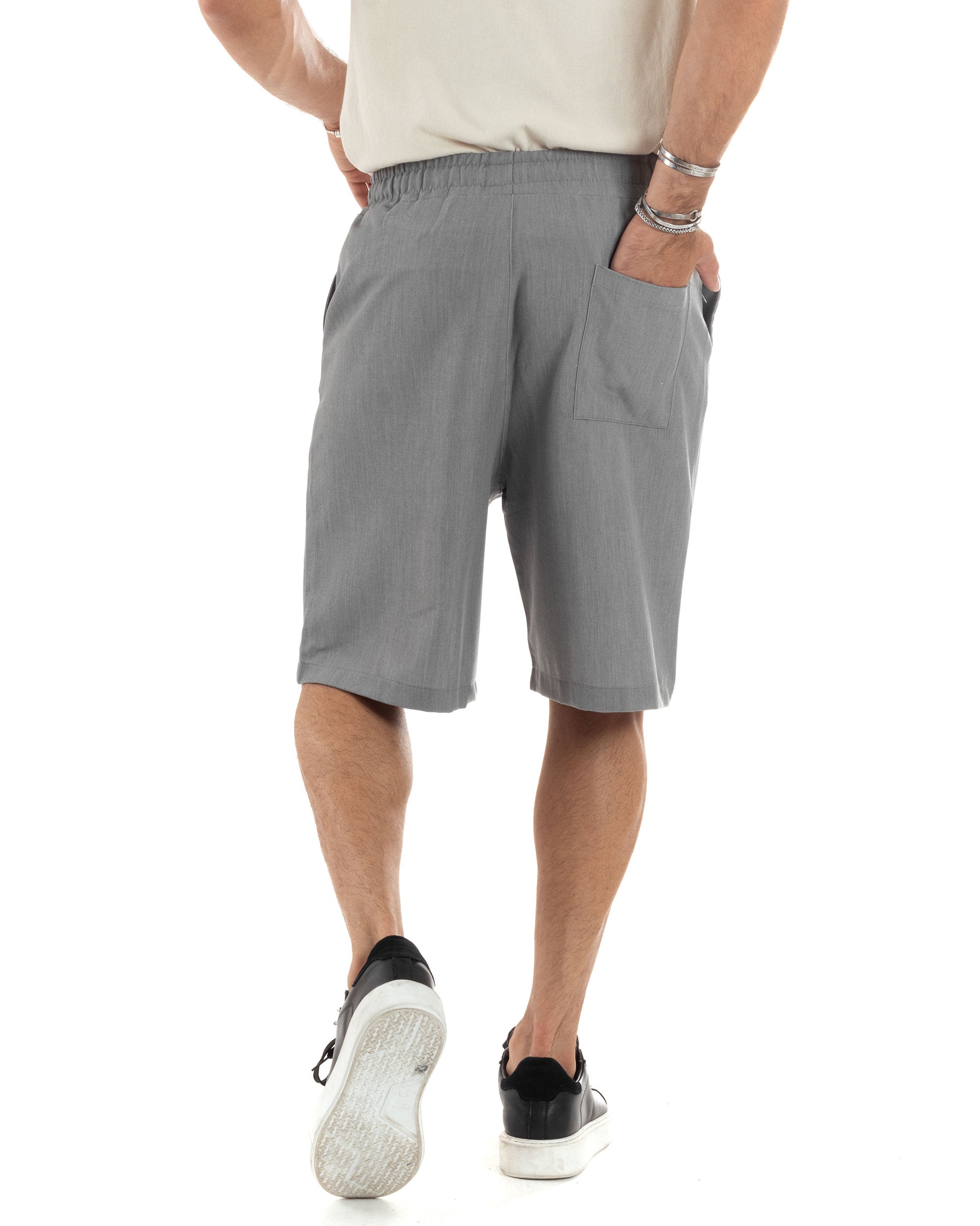 Bermuda Uomo Viscosa Pantalaccio Corto Jogger Con Laccio Wide Leg Oversize Comodo Basic Tinta Unita Grigio GIOSAL-PC1968A