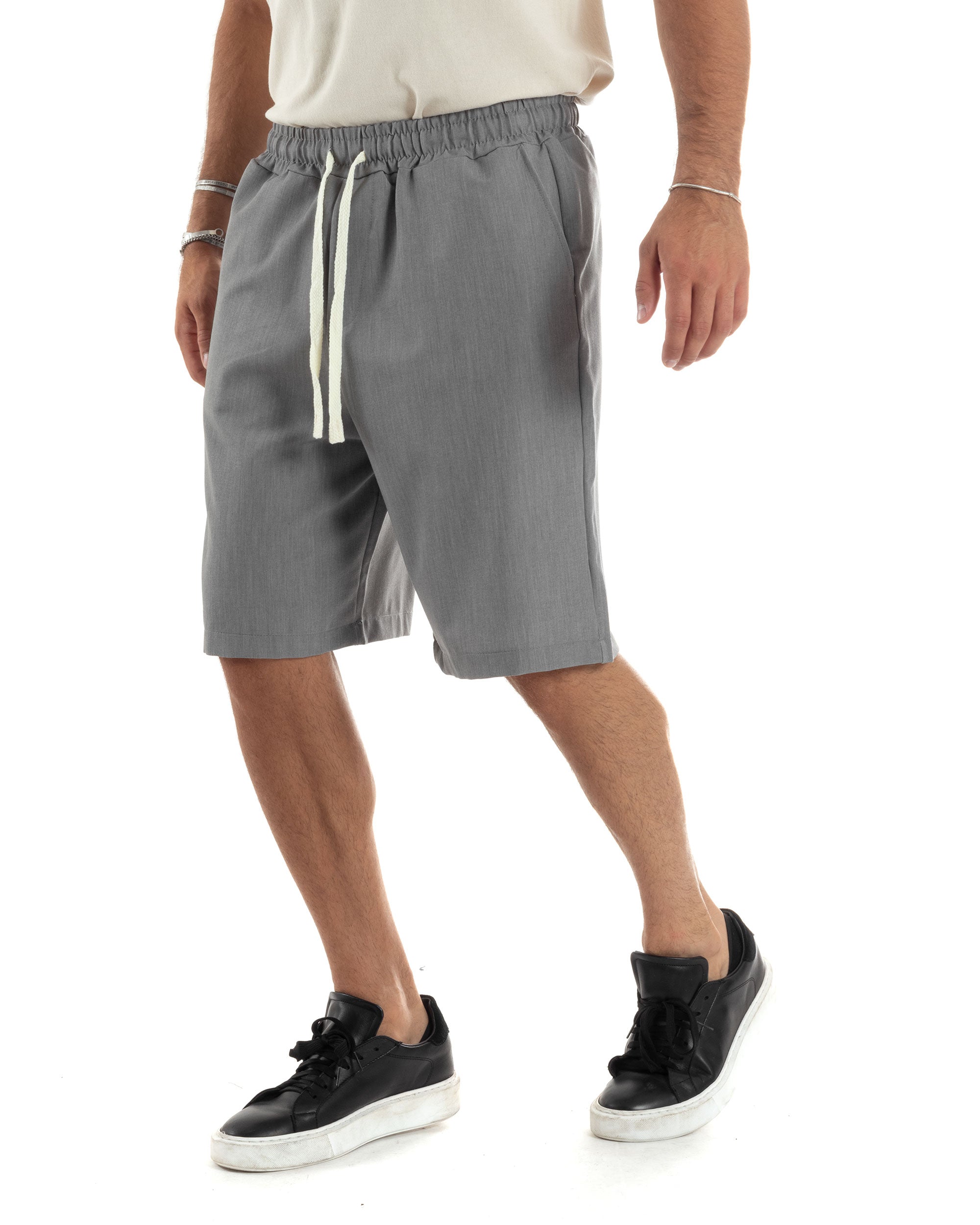 Bermuda Uomo Viscosa Pantalaccio Corto Jogger Con Laccio Wide Leg Oversize Comodo Basic Tinta Unita Grigio GIOSAL-PC1968A