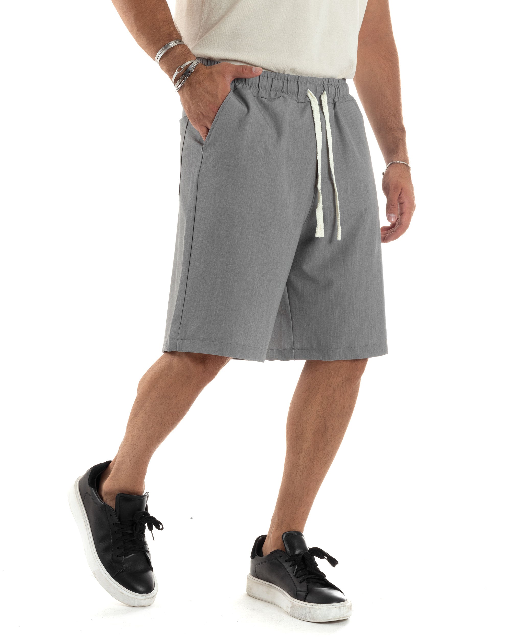 Bermuda Uomo Viscosa Pantalaccio Corto Jogger Con Laccio Wide Leg Oversize Comodo Basic Tinta Unita Grigio GIOSAL-PC1968A