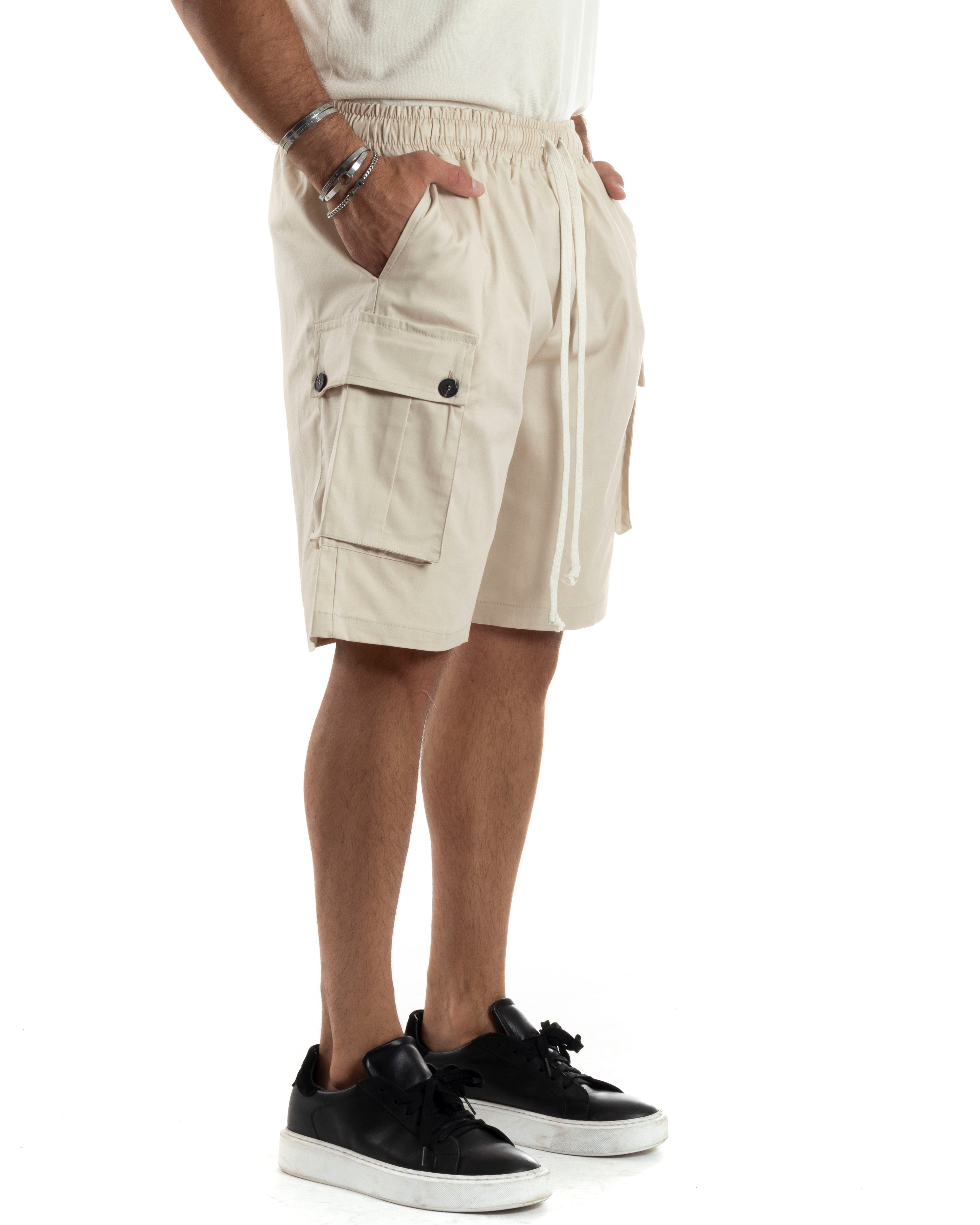 Bermuda Cargo Uomo Cotone Pantalaccio Corto Jogger Con Tasconi Tasche America Con Laccio Oversize Wide Leg Beige GIOSAL-PC1973A