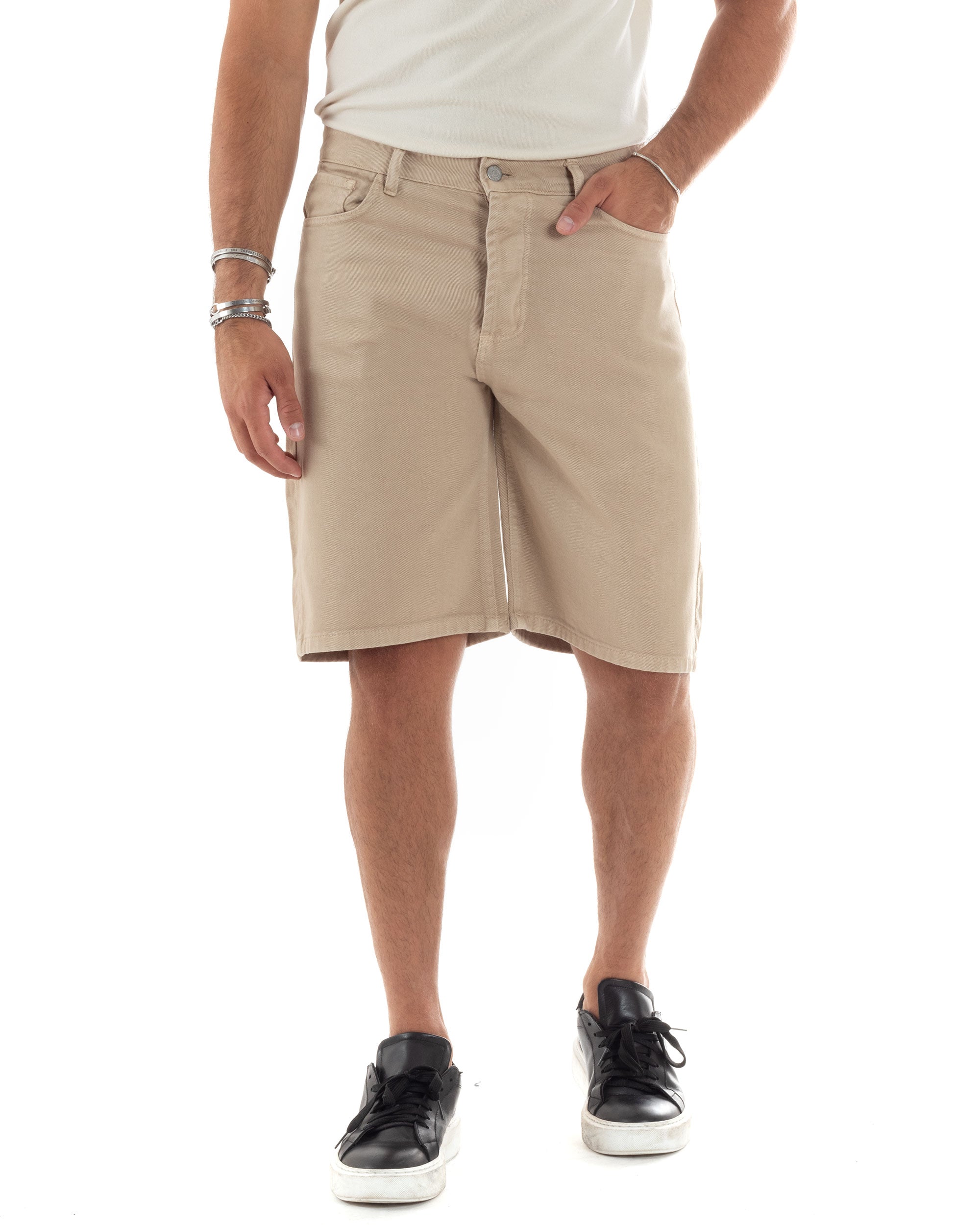 Bermuda Uomo Cotone Pantaloncini Corti Basic Jeans Cinque Tasche Casual Oversize Wide Leg Tinta Unita Denim Beige GIOSAL-PC1979A