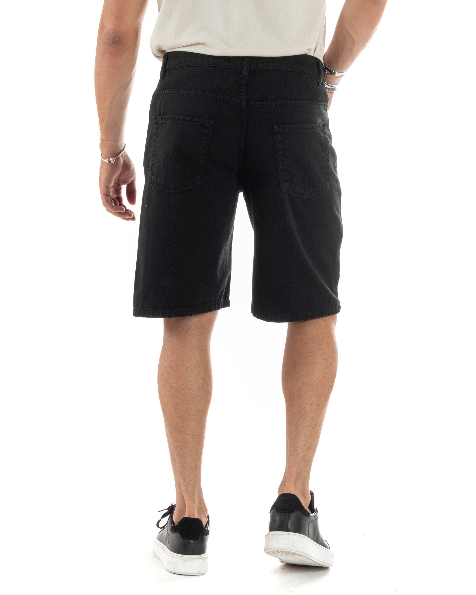 Bermuda Uomo Cotone Pantaloncini Corti Basic Jeans Cinque Tasche Casual Oversize Wide Leg Tinta Unita Denim Nero GIOSAL-PC1980A