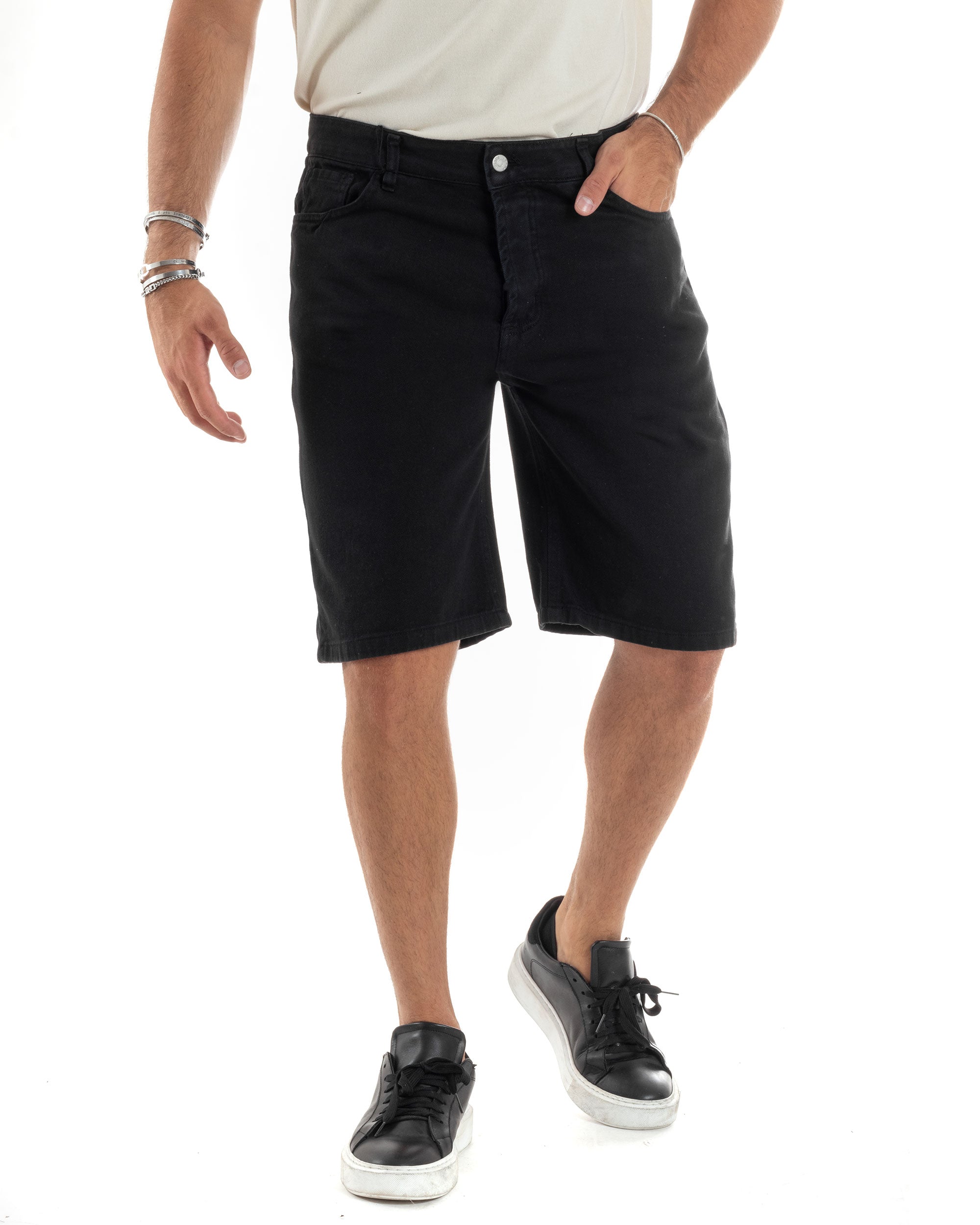 Bermuda Uomo Cotone Pantaloncini Corti Basic Jeans Cinque Tasche Casual Oversize Wide Leg Tinta Unita Denim Nero GIOSAL-PC1980A