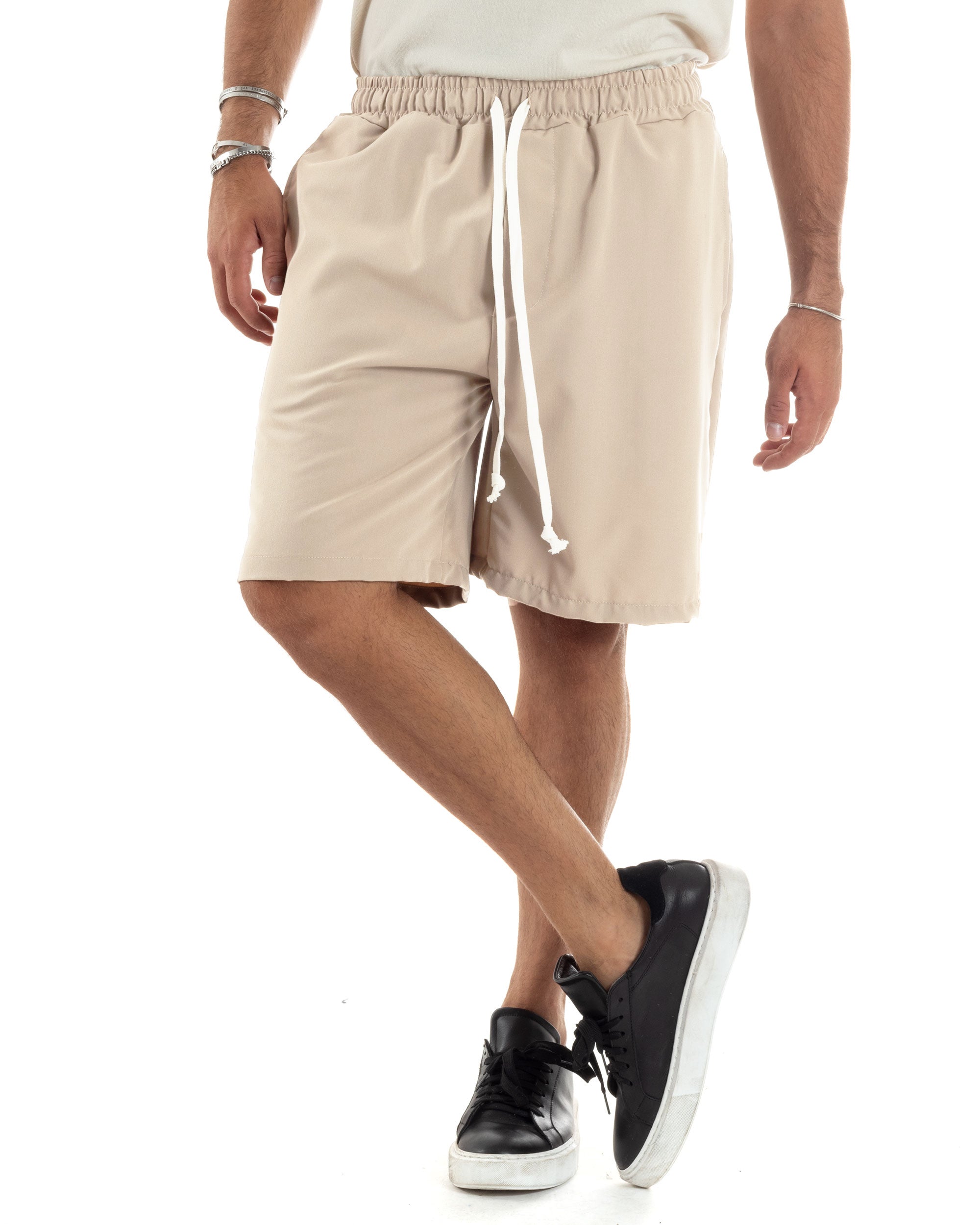 Bermuda Uomo Viscosa Pantalaccio Corto Jogger Con Laccio Wide Leg Oversize Comodo Basic Tinta Unita Beige GIOSAL-PC2013A