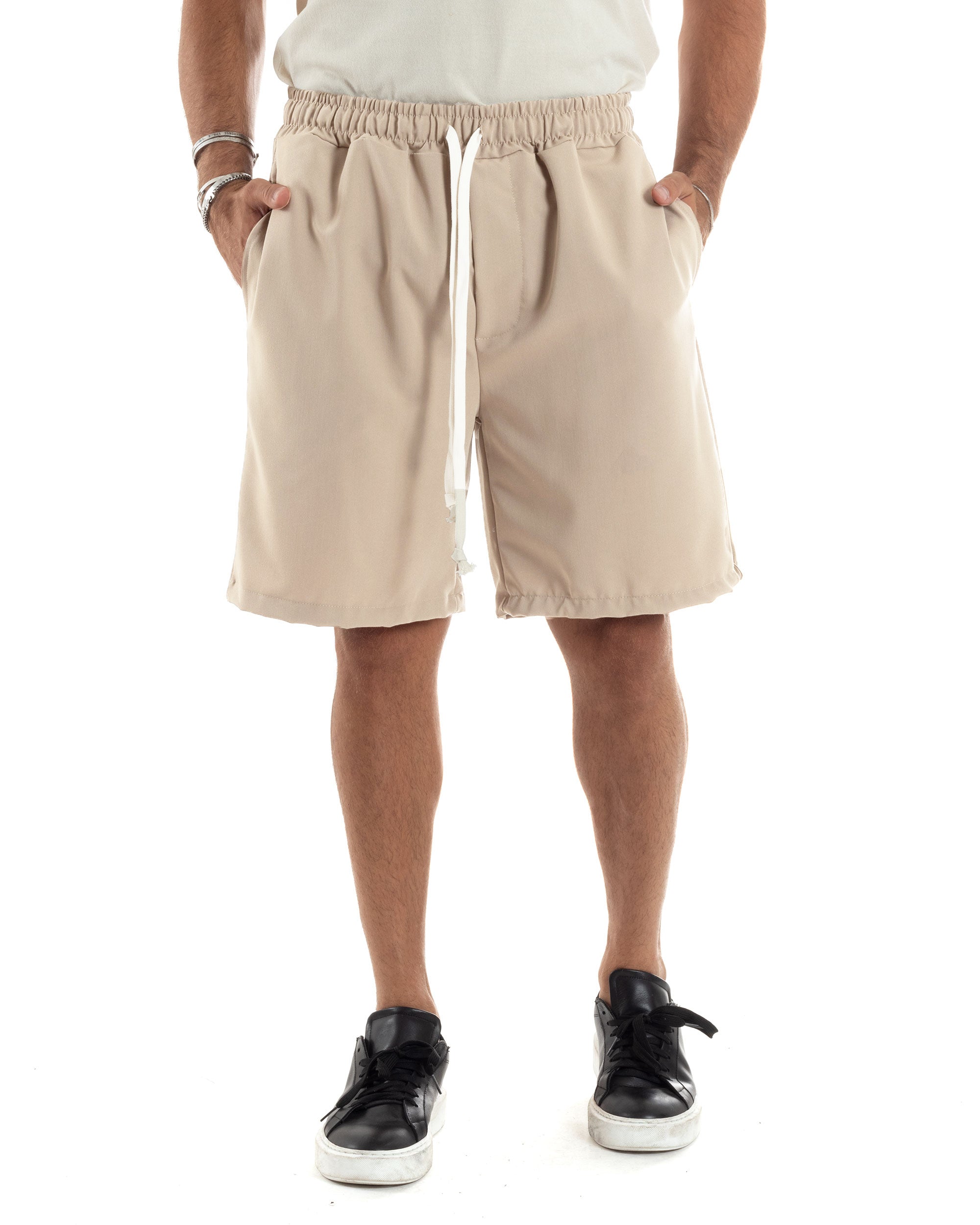 Bermuda Uomo Viscosa Pantalaccio Corto Jogger Con Laccio Wide Leg Oversize Comodo Basic Tinta Unita Beige GIOSAL-PC2013A