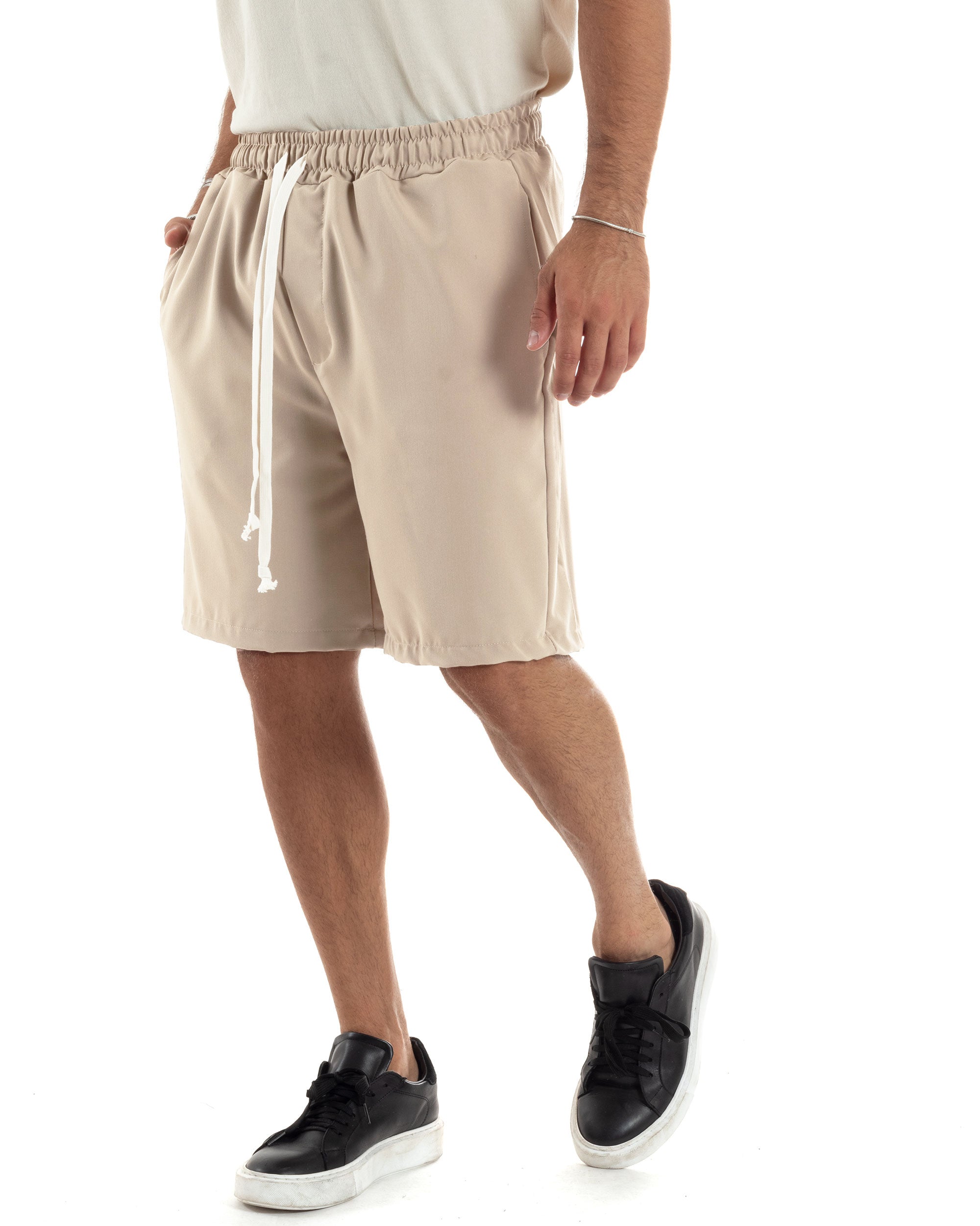 Bermuda Uomo Viscosa Pantalaccio Corto Jogger Con Laccio Wide Leg Oversize Comodo Basic Tinta Unita Beige GIOSAL-PC2013A