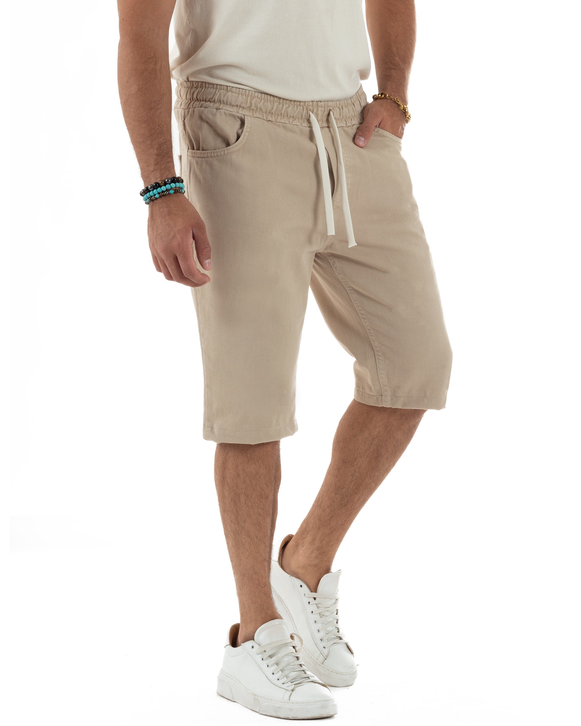 Bermuda Coulisse Pantalaccio Jeans Cotone Basic Regular Fit Beige PC2010A