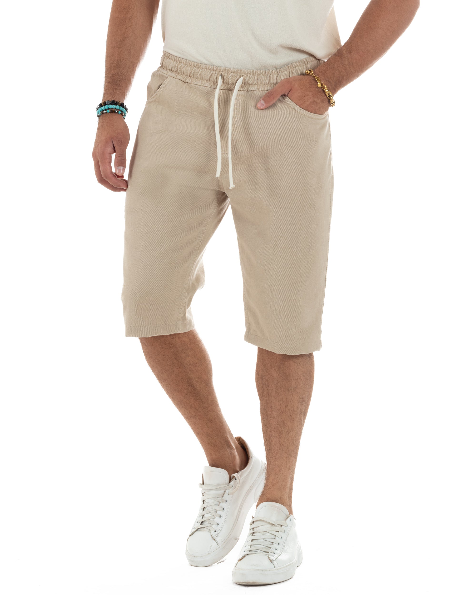 Bermuda Coulisse Pantalaccio Jeans Cotone Basic Regular Fit Beige PC2010A