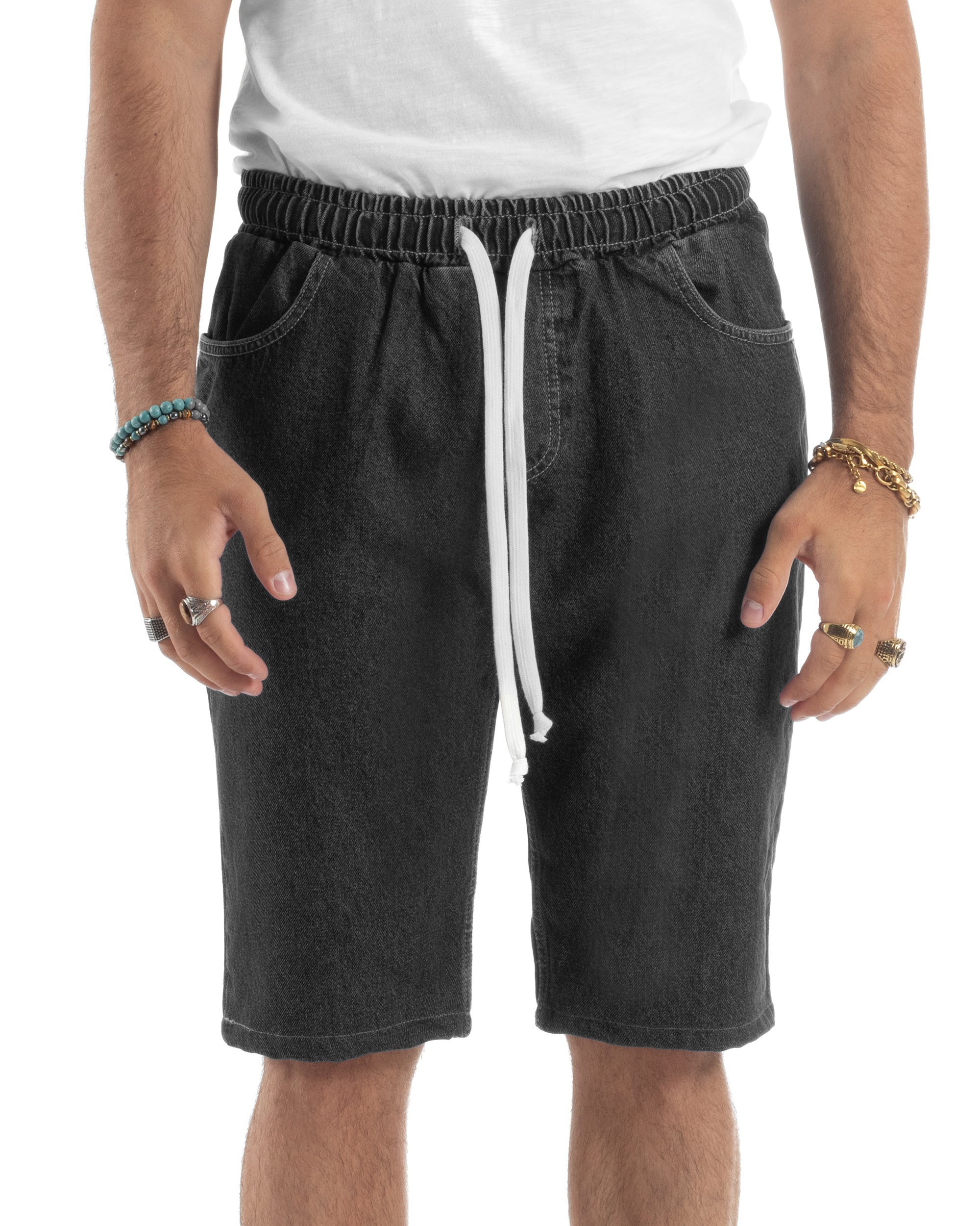 Bermuda Jeans Uomo Pantalaccio Basic Regular Fit Coulisse Denim Nero GIOSAL-PC2035A