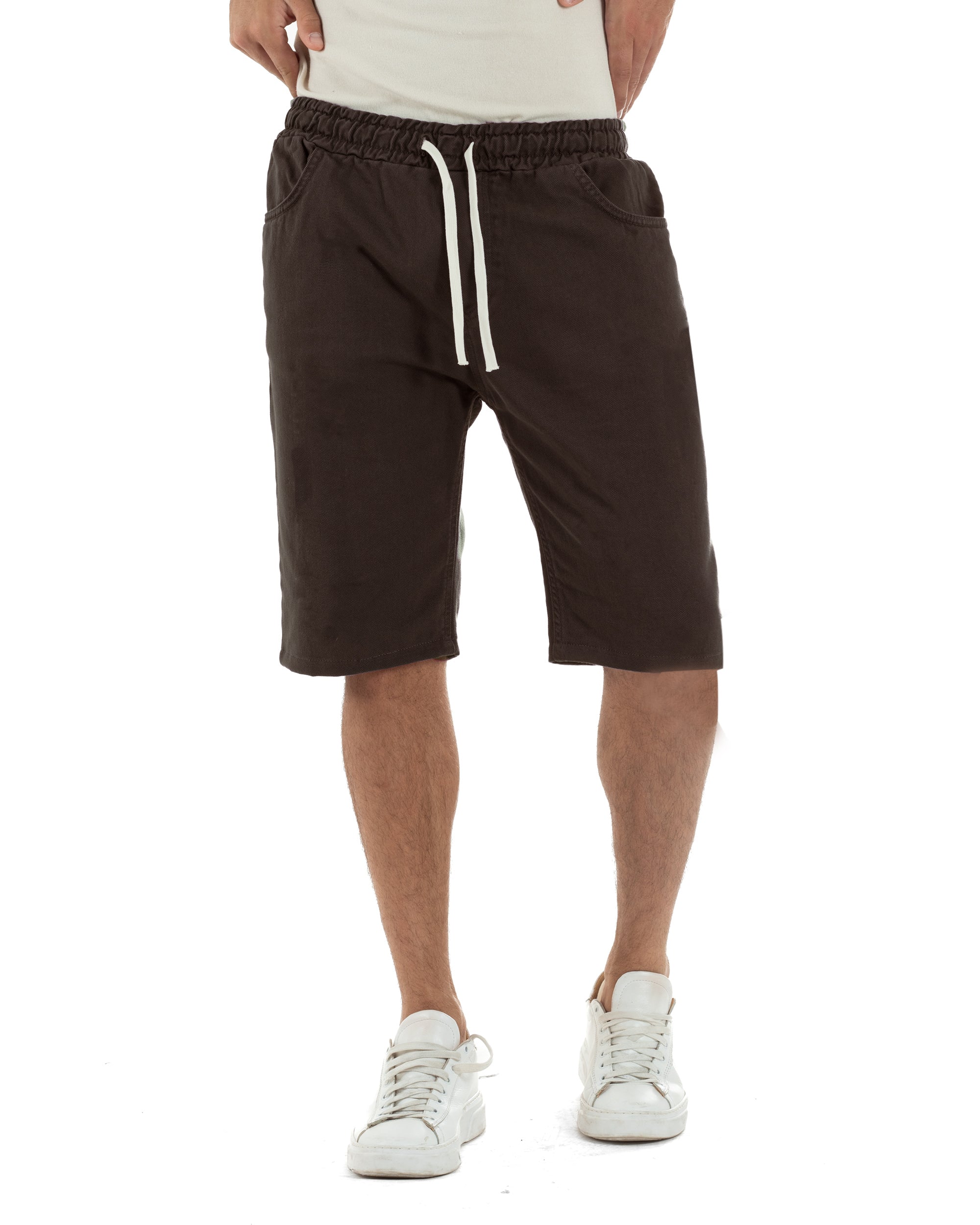 Bermuda uomo cotone pantaloncini coulisse jeans basic marrone GIOSAL-PC2037A