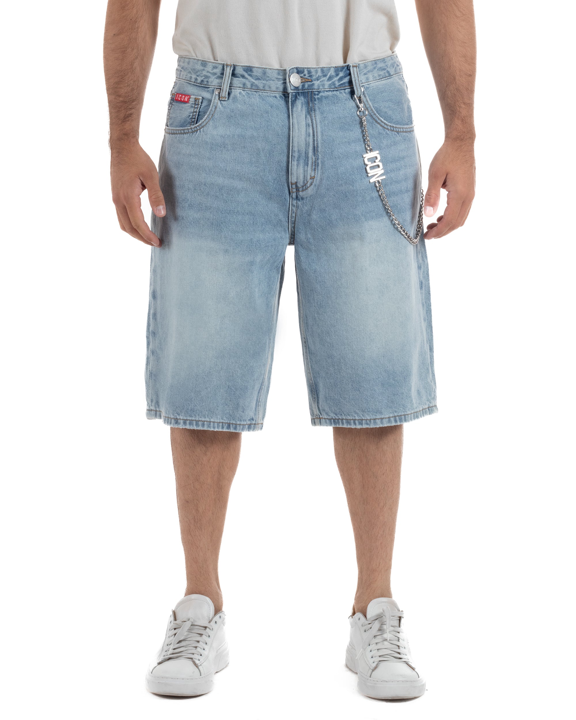 Bermuda pantaloncini uomo jeans oversize con catena e logo street style denim ICON-IUD007
