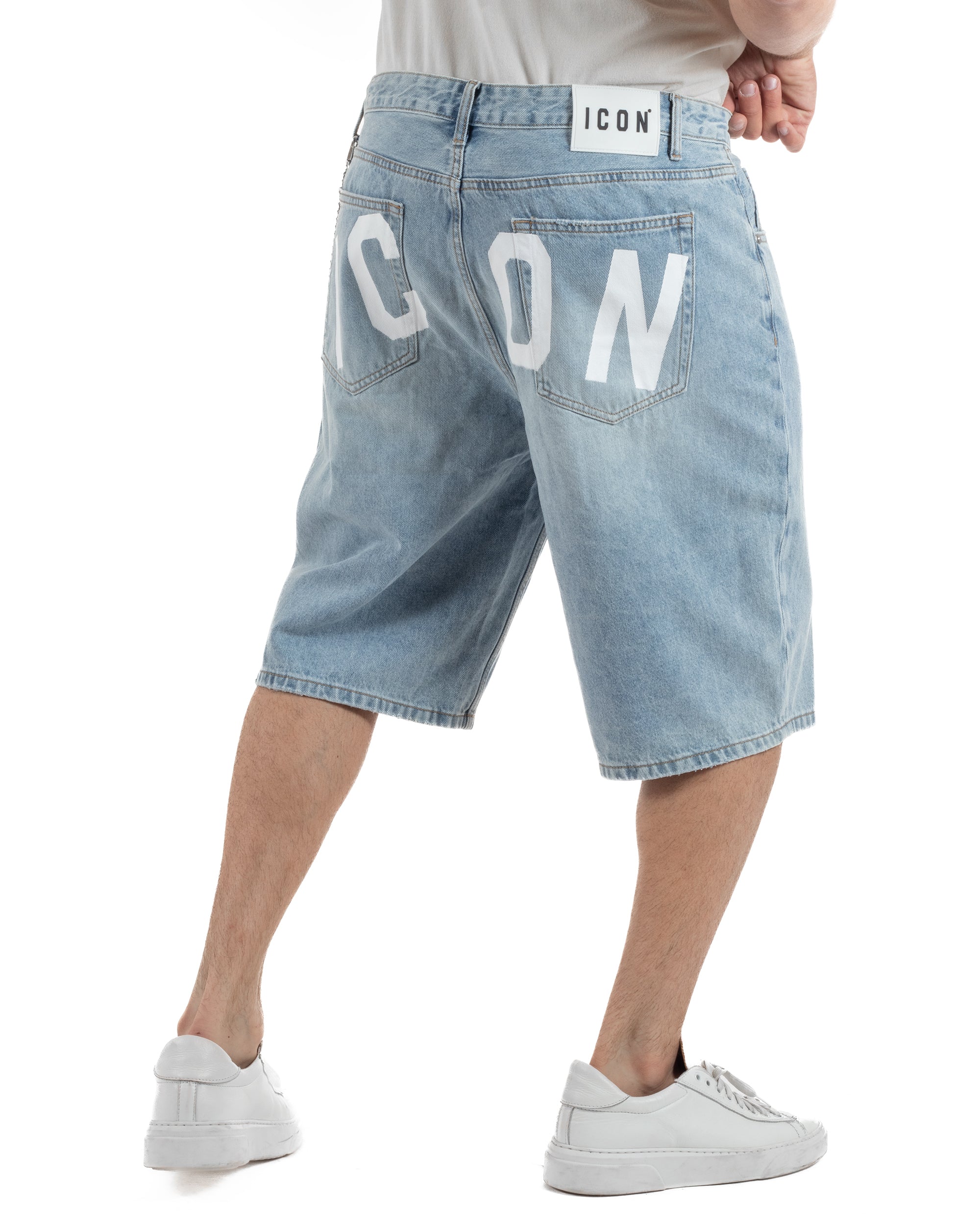 Bermuda pantaloncini uomo jeans oversize con catena e logo street style denim ICON-IUD007
