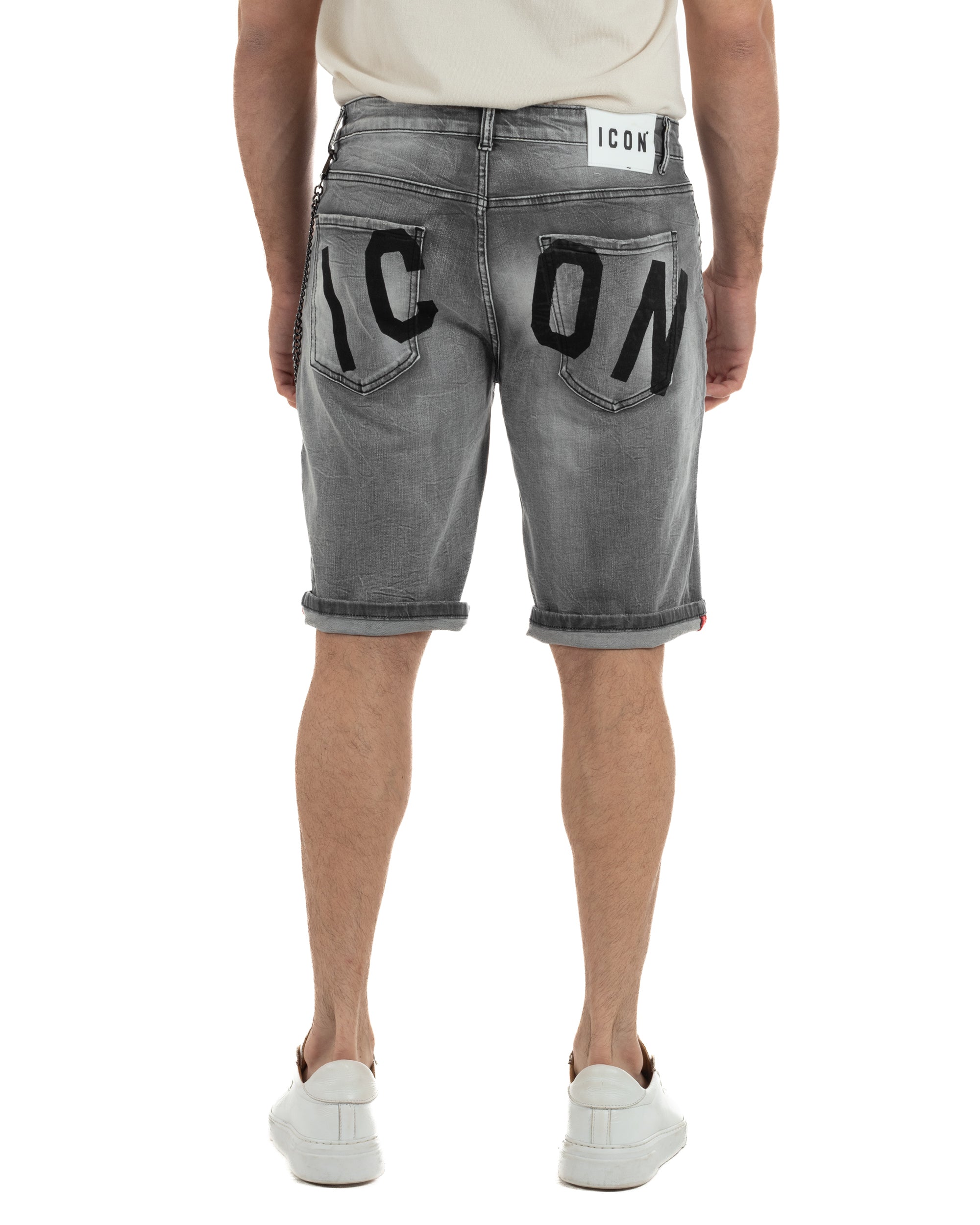 Vista posteriore bermuda jeans uomo nero denim stampa logo retro tasche effetto used Icon