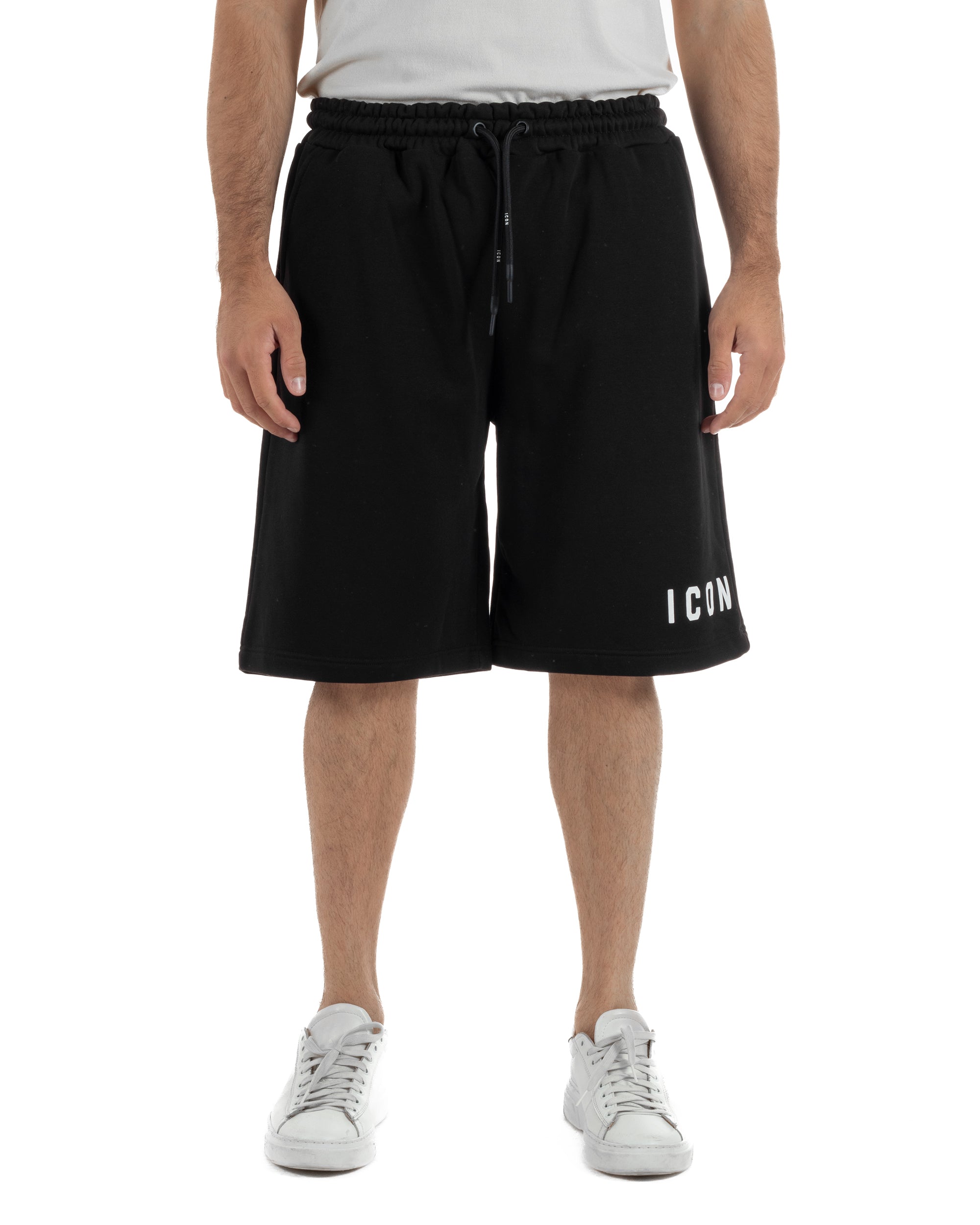 Bermuda uomo nero relaxed fit vita elastica coulisse logo laterale streetwear made in Italy Icon
