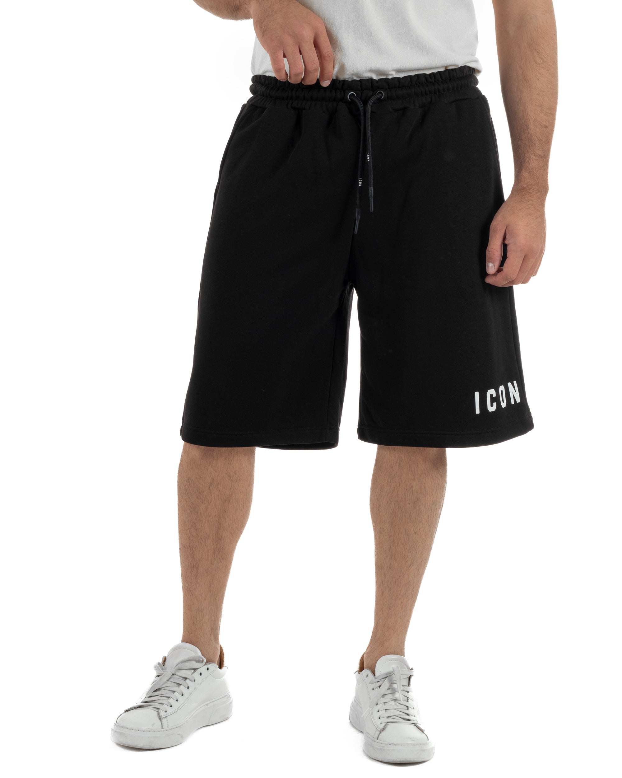 Bermuda pantaloncini uomo nero relaxed fit vita elastica coulisse logo streetwear casual Icon