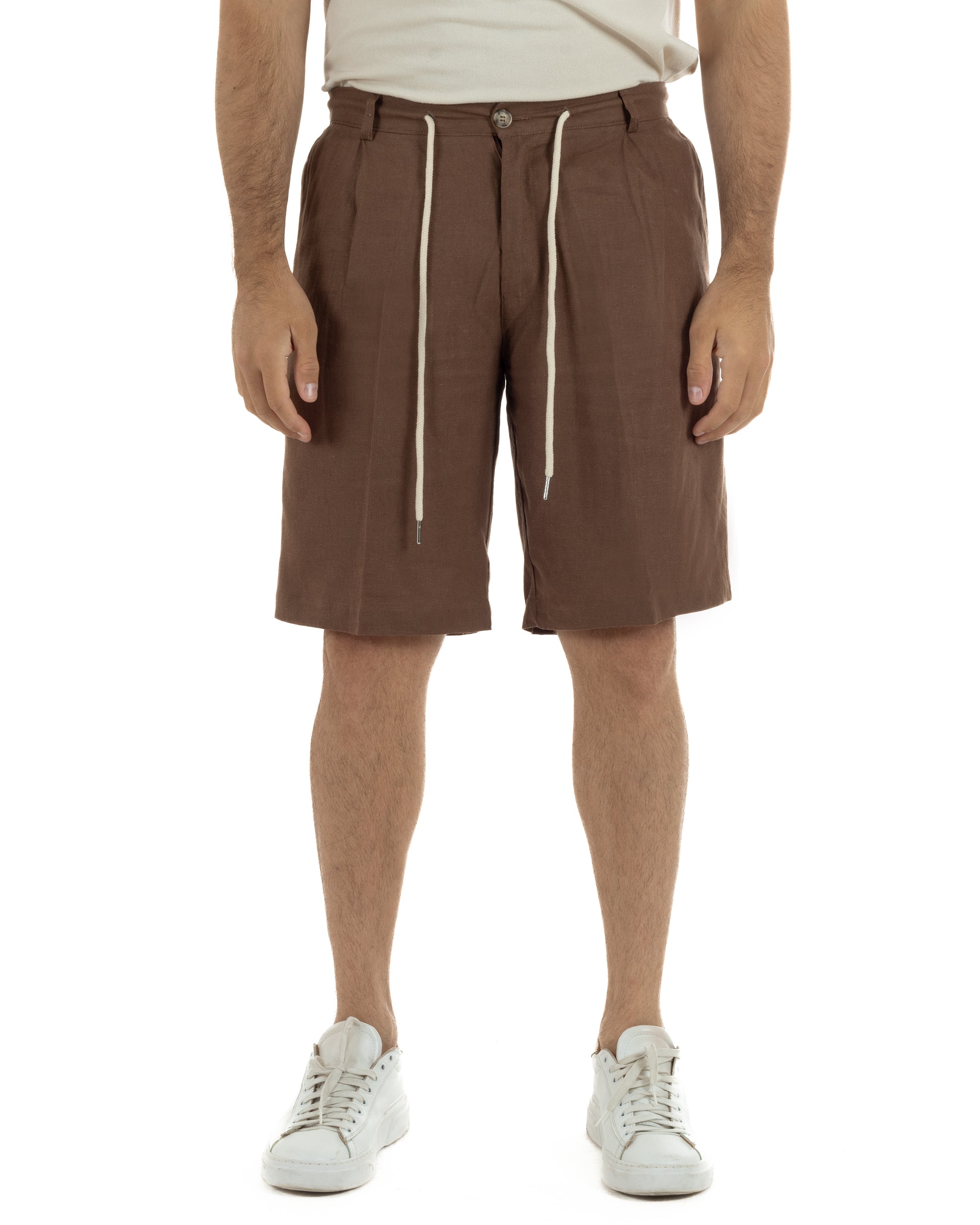 Bermuda pantaloncini uomo corti lino sartoriale con laccetto marrone GIOSAL-PC2047A