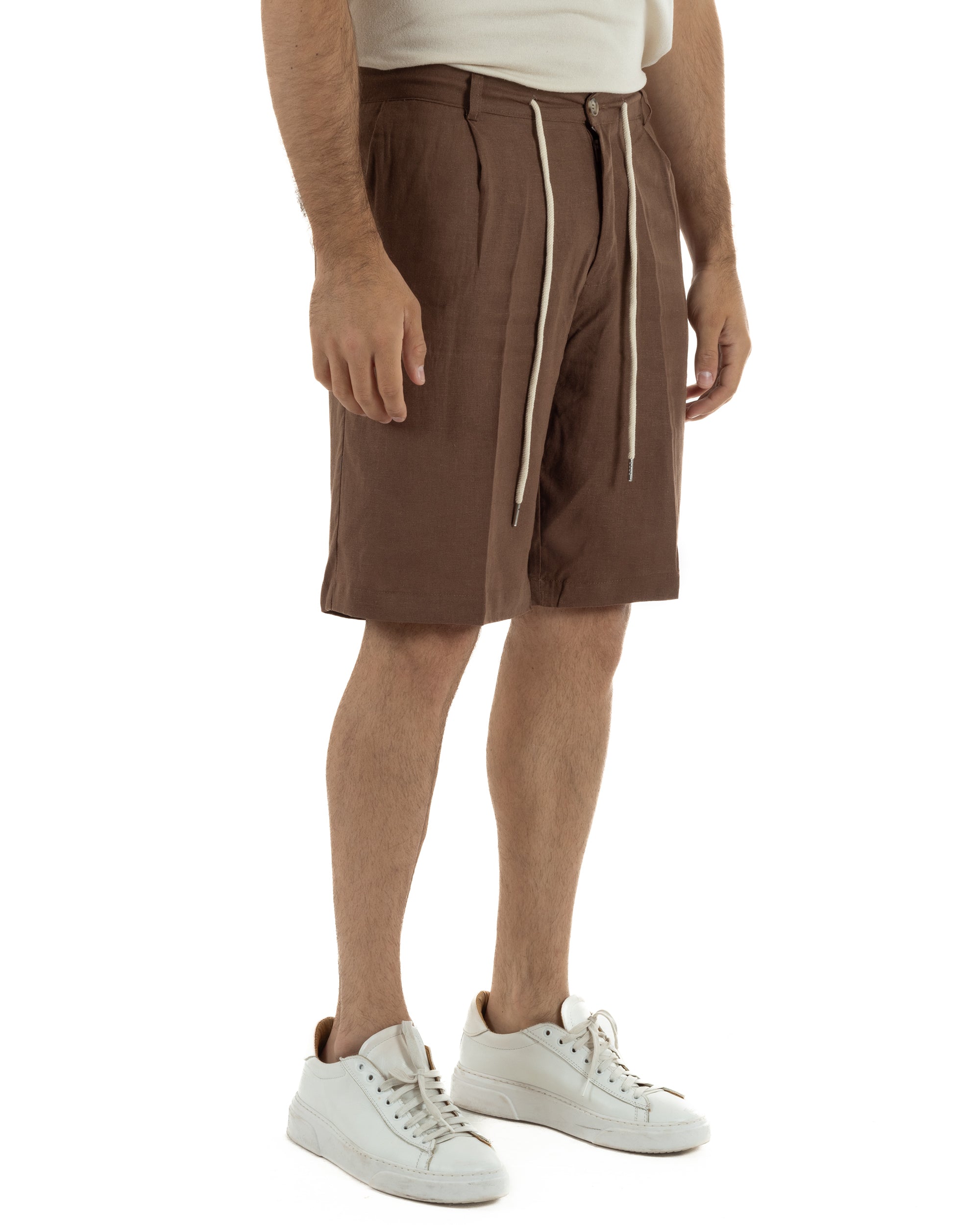Bermuda pantaloncini uomo corti lino sartoriale con laccetto marrone GIOSAL-PC2047A
