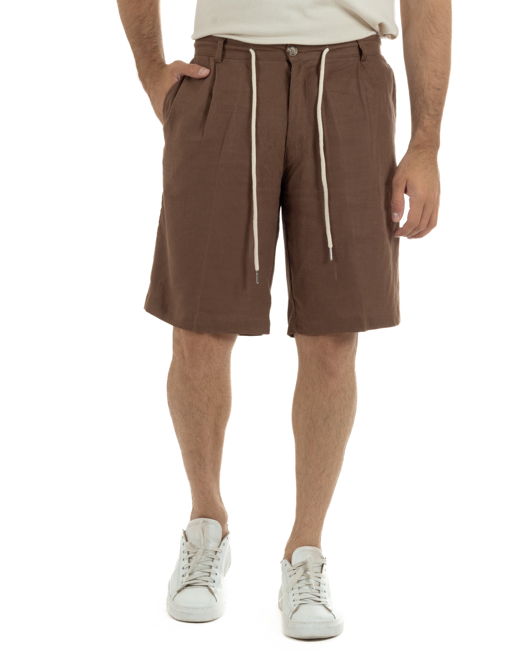 Bermuda pantaloncini uomo corti lino sartoriale con laccetto marrone GIOSAL-PC2047A
