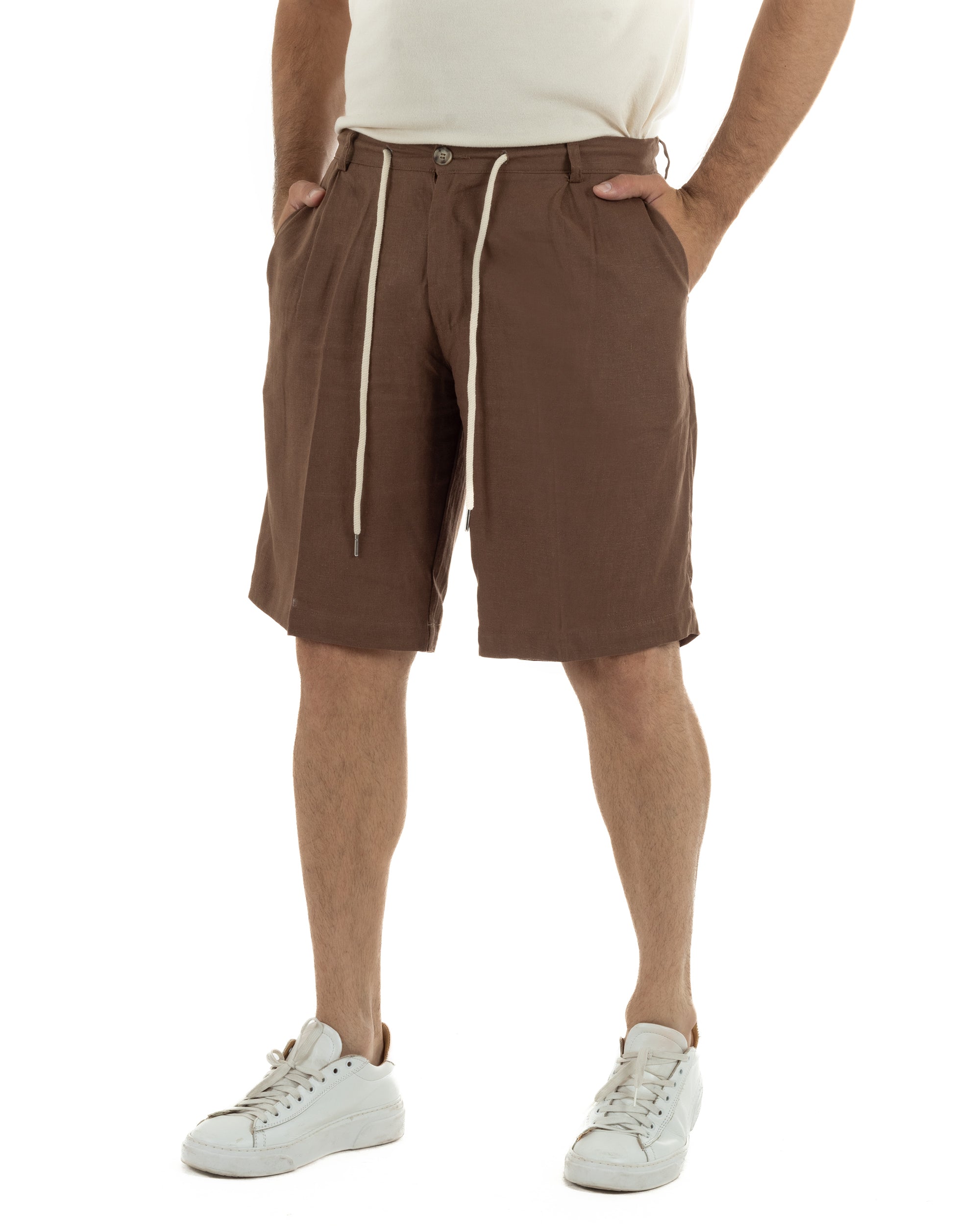 Bermuda pantaloncini uomo corti lino sartoriale con laccetto marrone GIOSAL-PC2047A