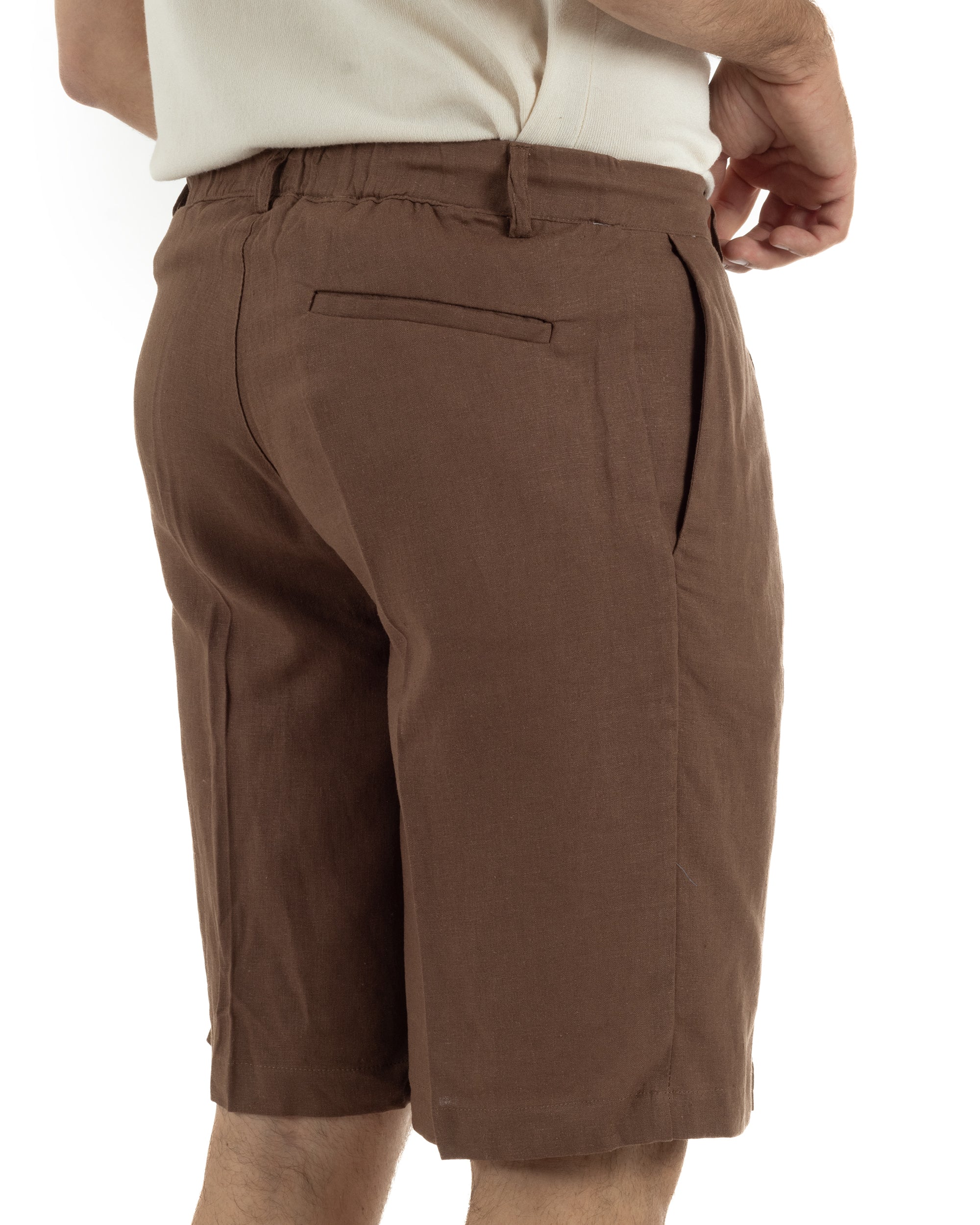 Bermuda pantaloncini uomo corti lino sartoriale con laccetto marrone GIOSAL-PC2047A
