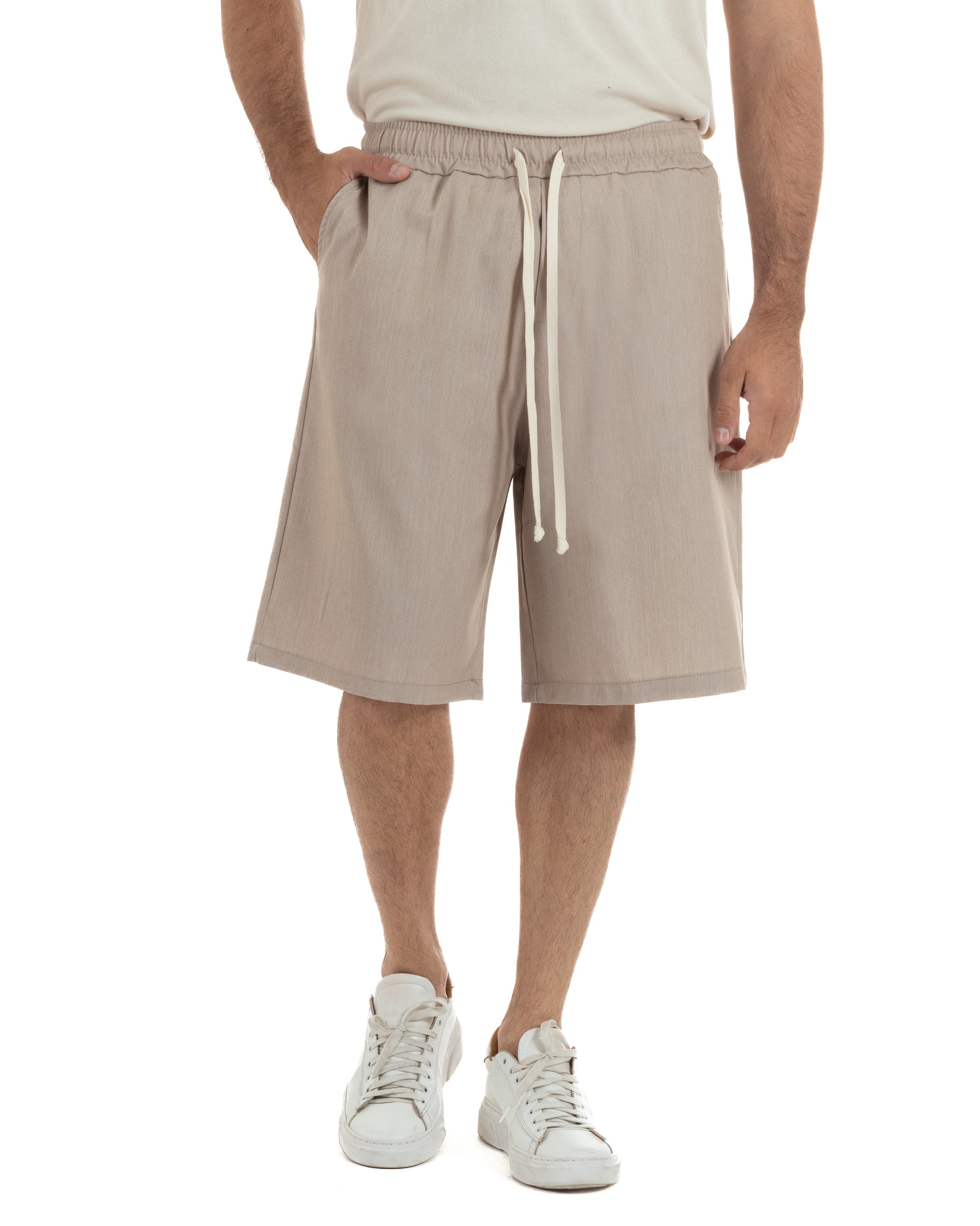 Bermuda uomo viscosa pantalaccio corto jogger wide leg oversize beige melangiato GIOSAL-PC2048A