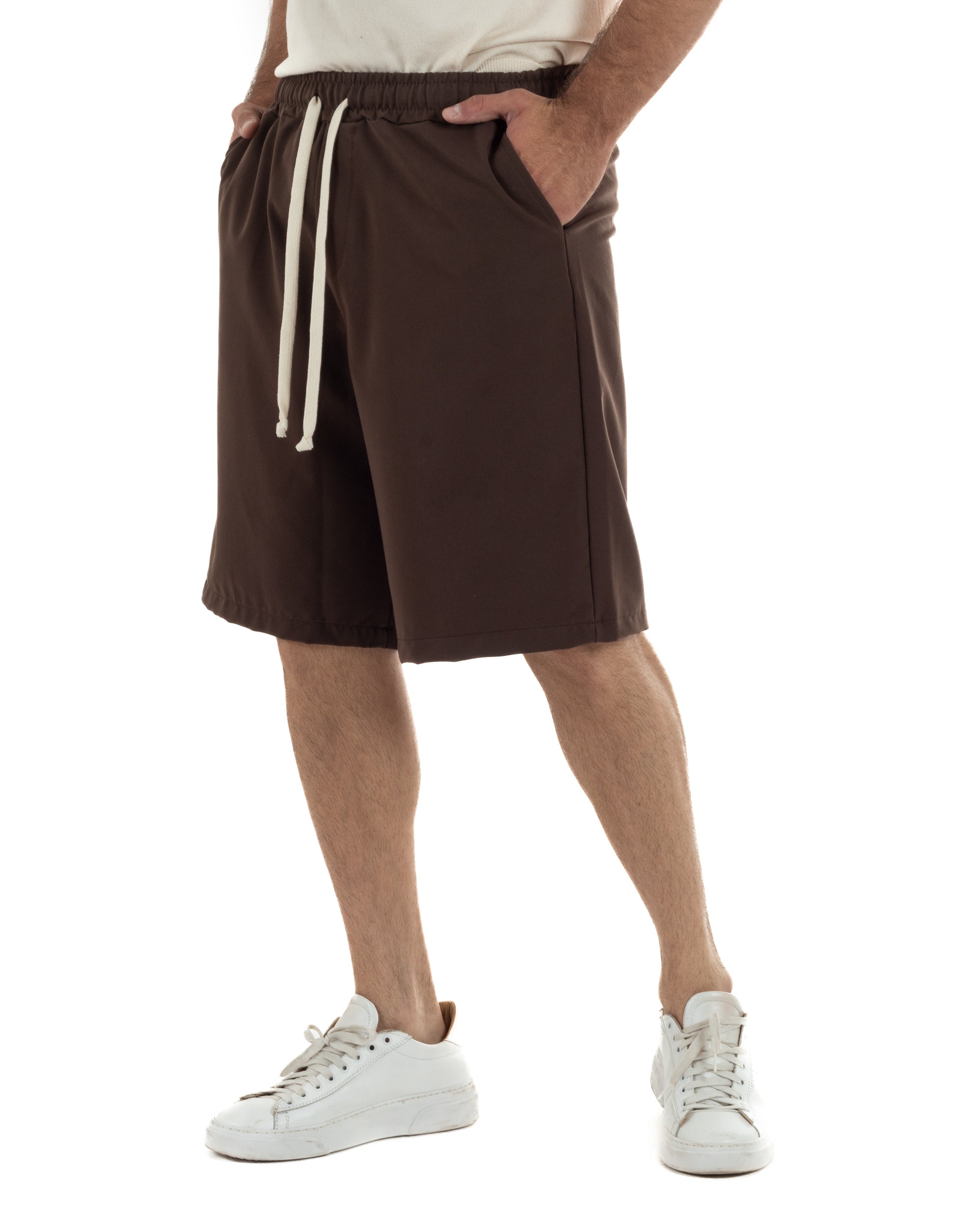Bermuda uomo viscosa pantalaccio corto jogger wide leg oversize marrone GIOSAL-PC2049A