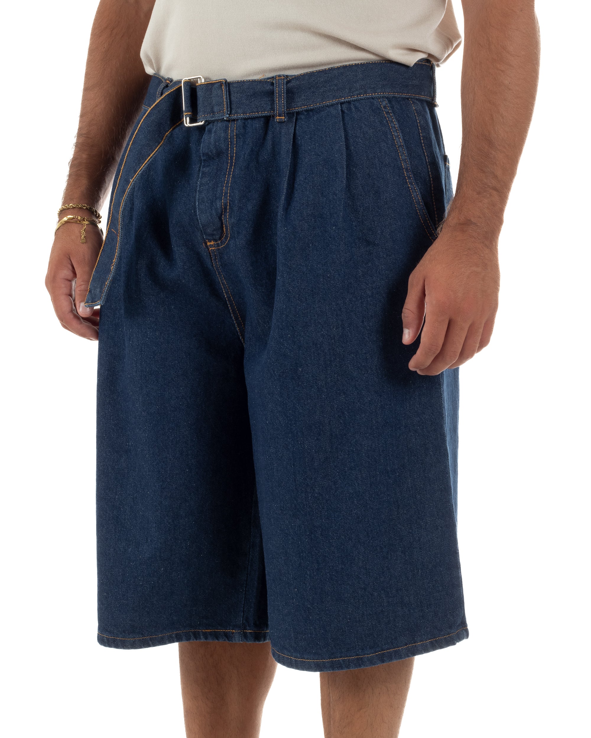 Bermuda pantaloncini uomo jeans oversize wide leg cintura coordinata denim scuro GIOSAL-PC2050A