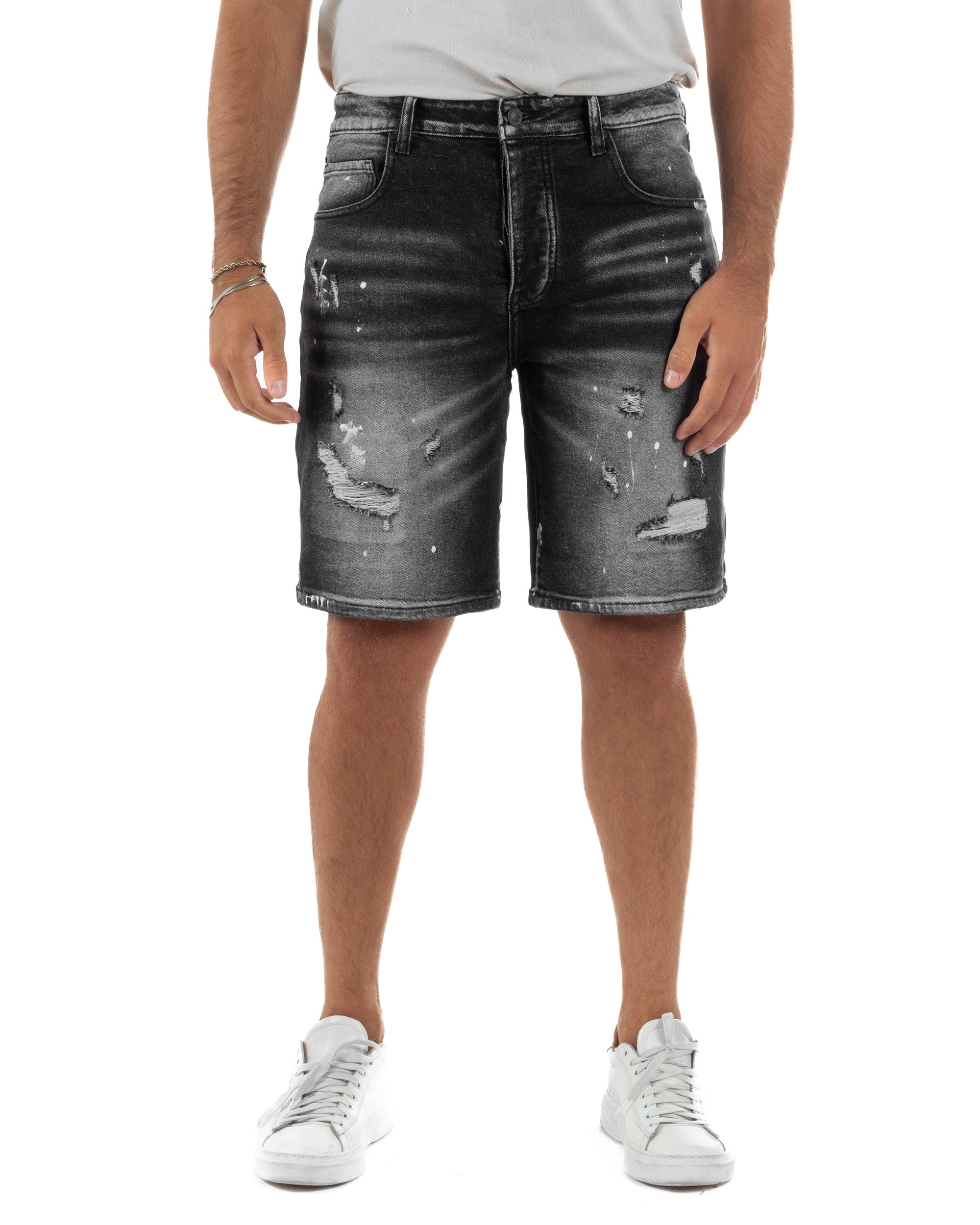 Bermuda pantaloncini uomo jeans rotture cinque tasche effetto used denim nero GIOSAL-PC2055A
