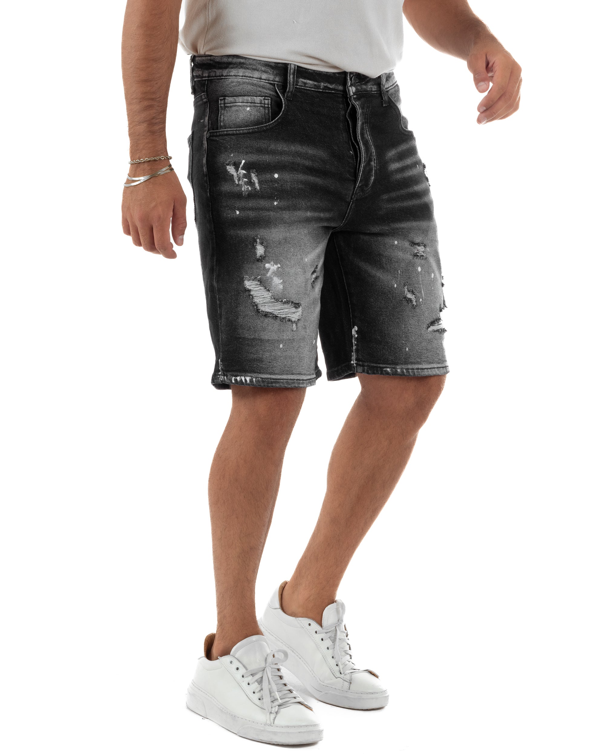 Bermuda pantaloncini uomo jeans rotture cinque tasche effetto used denim nero GIOSAL-PC2055A