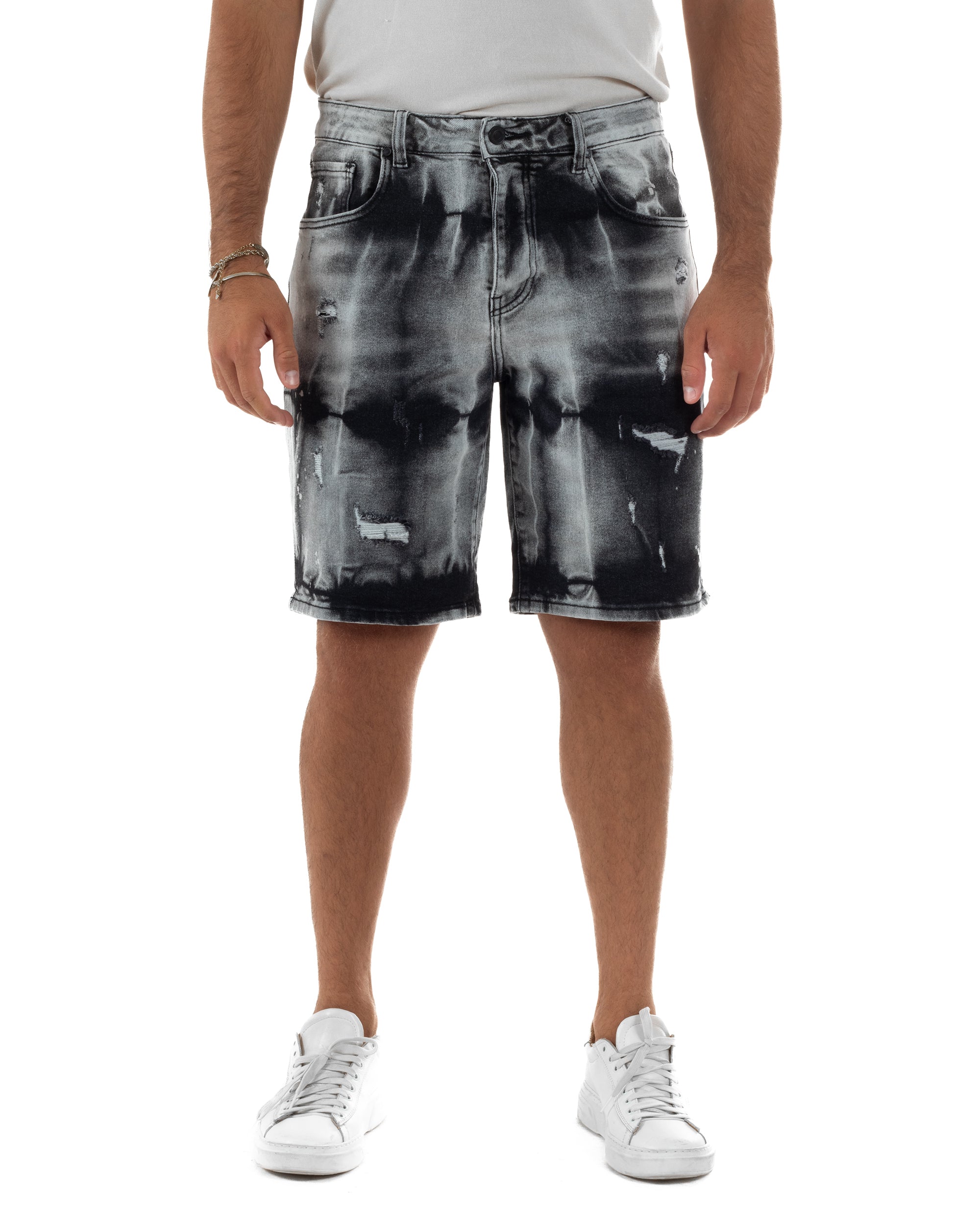 Bermuda pantaloncini uomo jeans abrasioni effetto tie-dye used denim nero GIOSAL-PC2057A