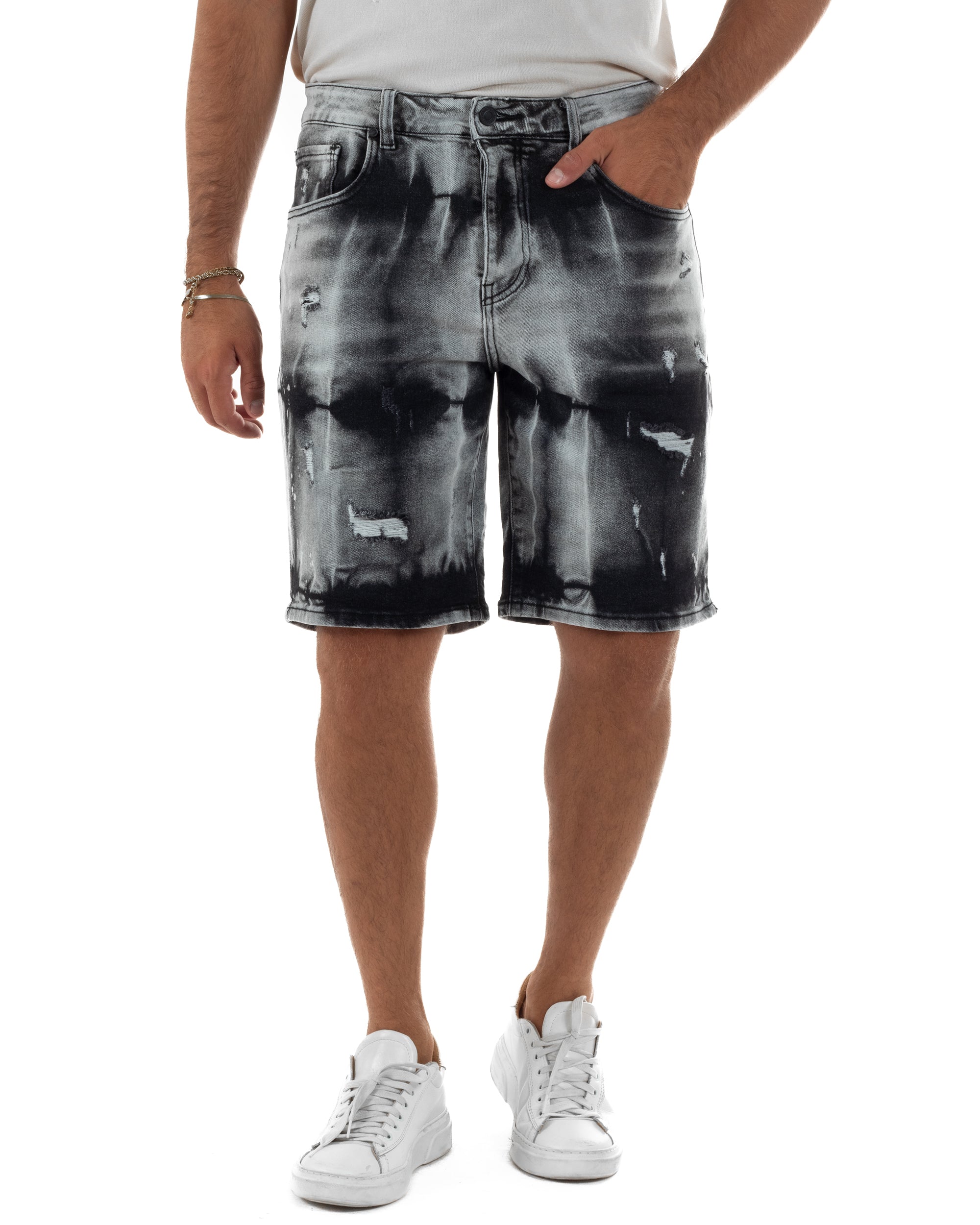 Bermuda pantaloncini uomo jeans abrasioni effetto tie-dye used denim nero GIOSAL-PC2057A