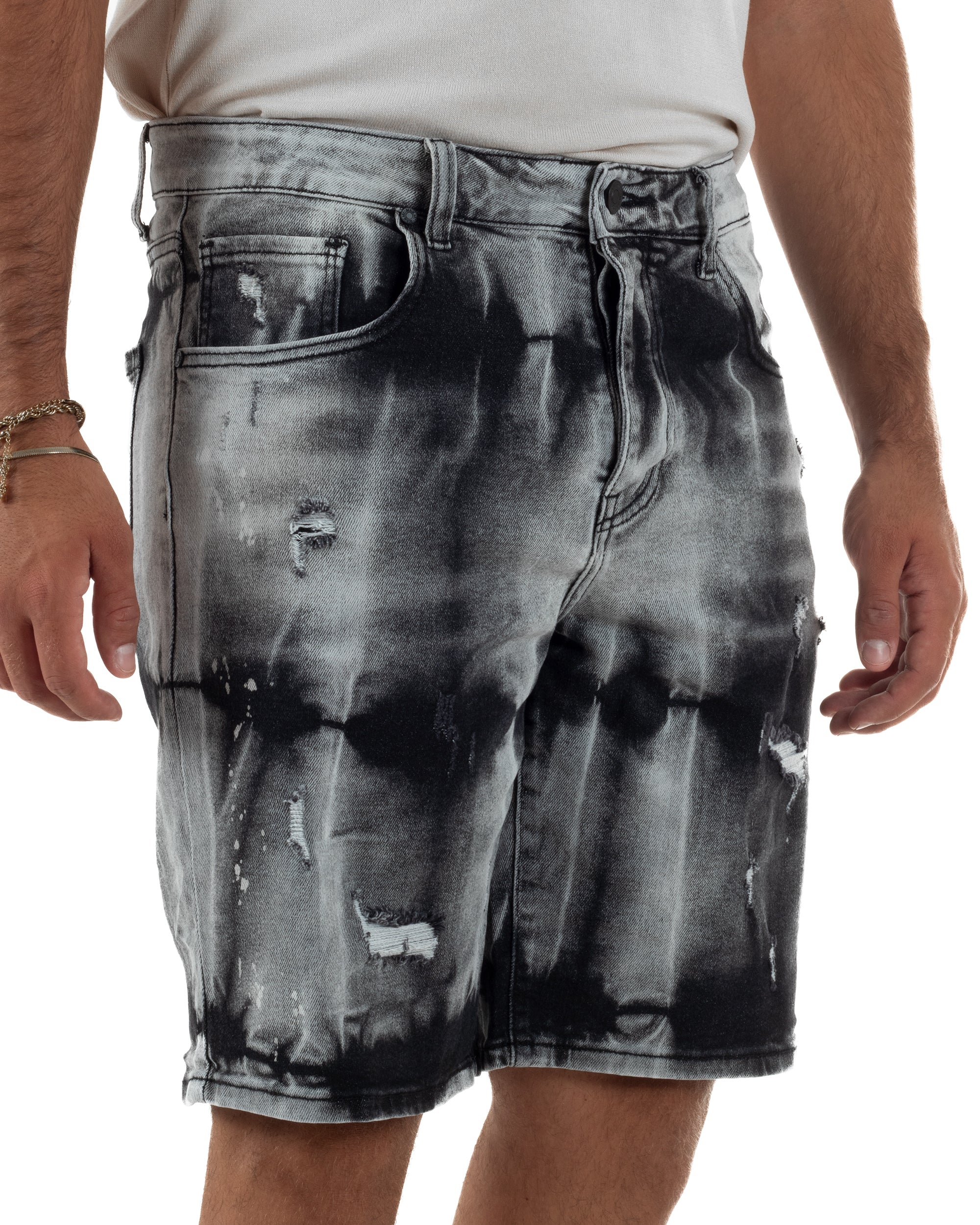 Bermuda pantaloncini uomo jeans abrasioni effetto tie-dye used denim nero GIOSAL-PC2057A