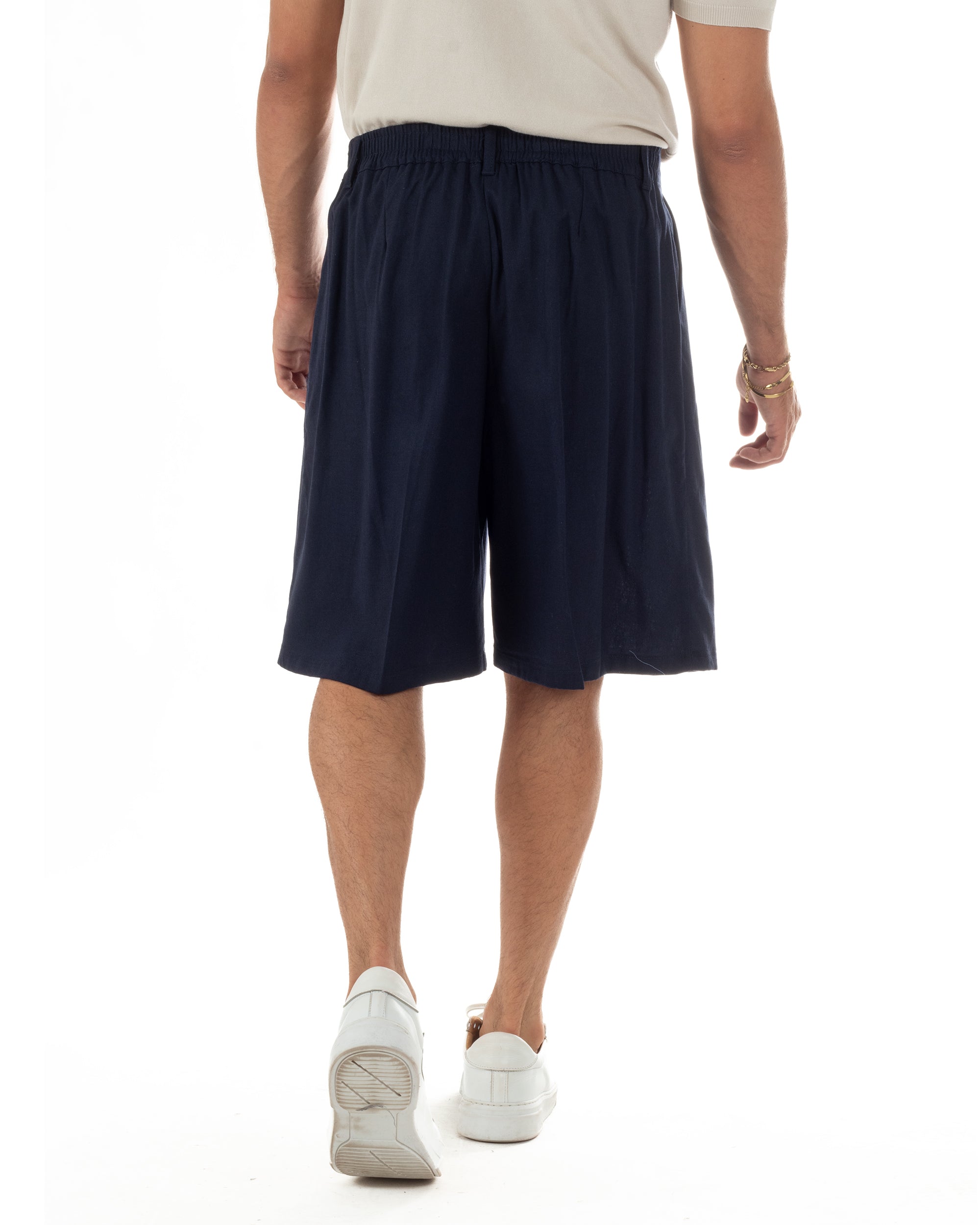 Bermuda pantaloncini uomo lino baggy fit pinces blu GIOSAL-PC2058A