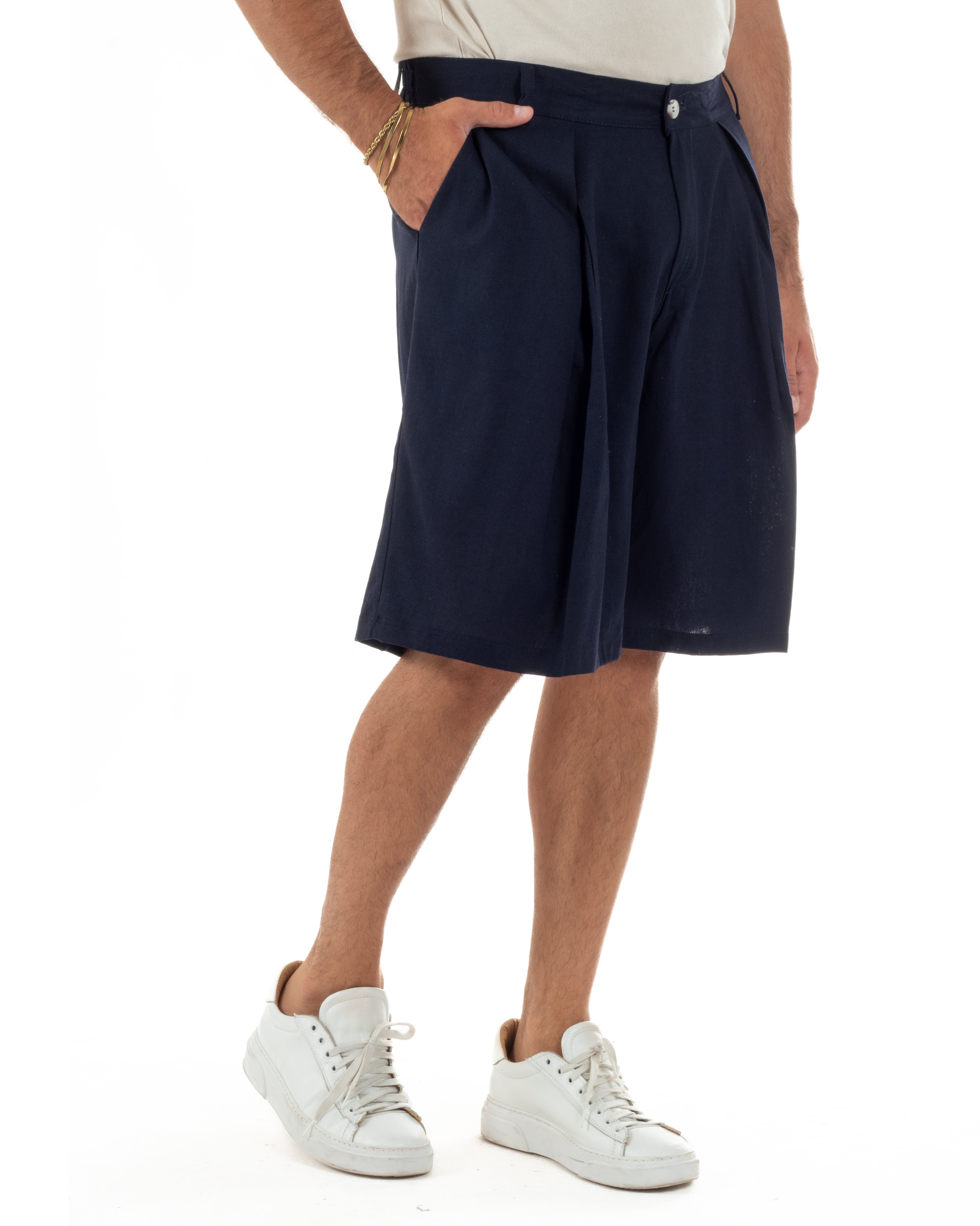 Bermuda pantaloncini uomo lino baggy fit pinces blu GIOSAL-PC2058A