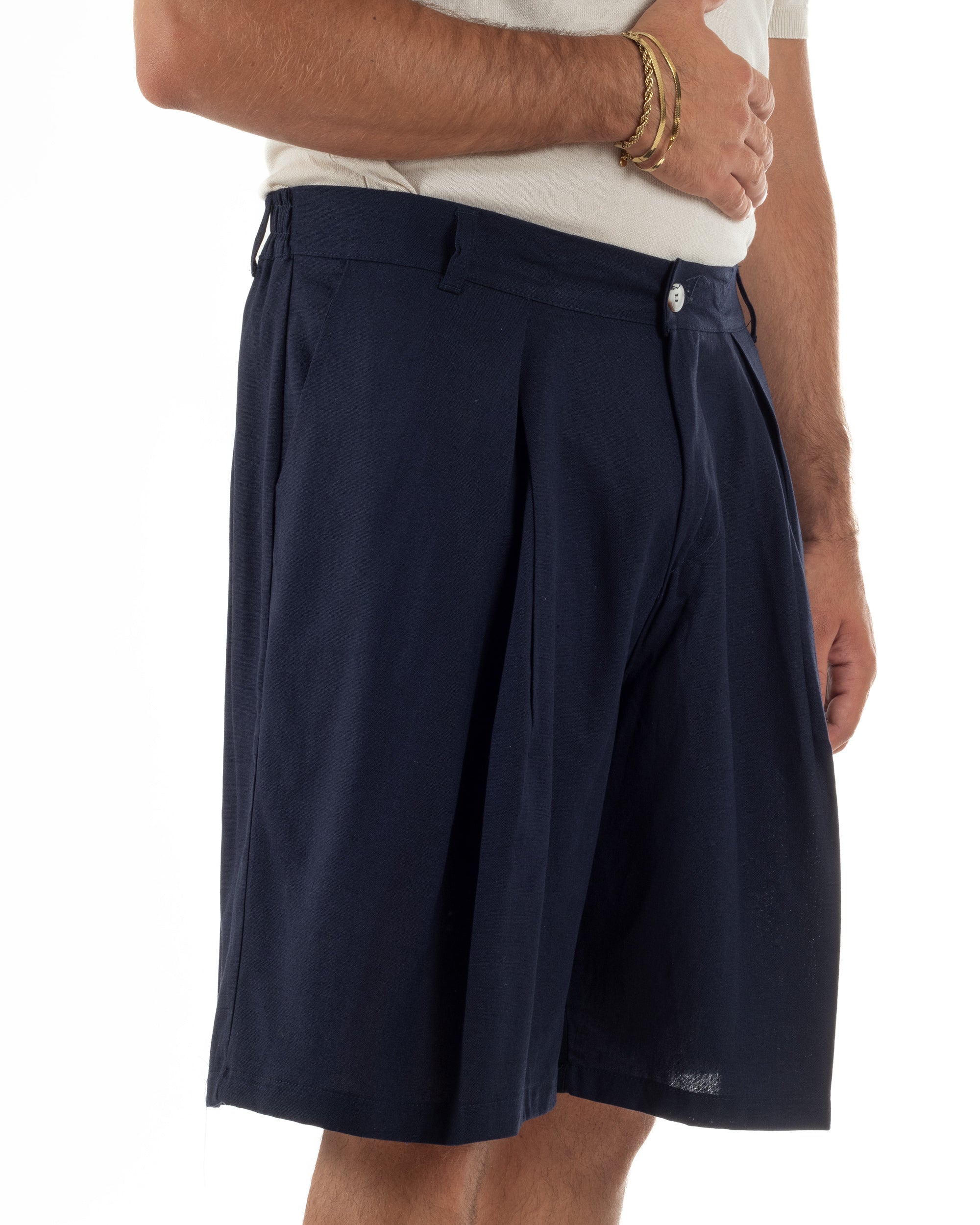 Bermuda pantaloncini uomo lino baggy fit pinces blu GIOSAL-PC2058A