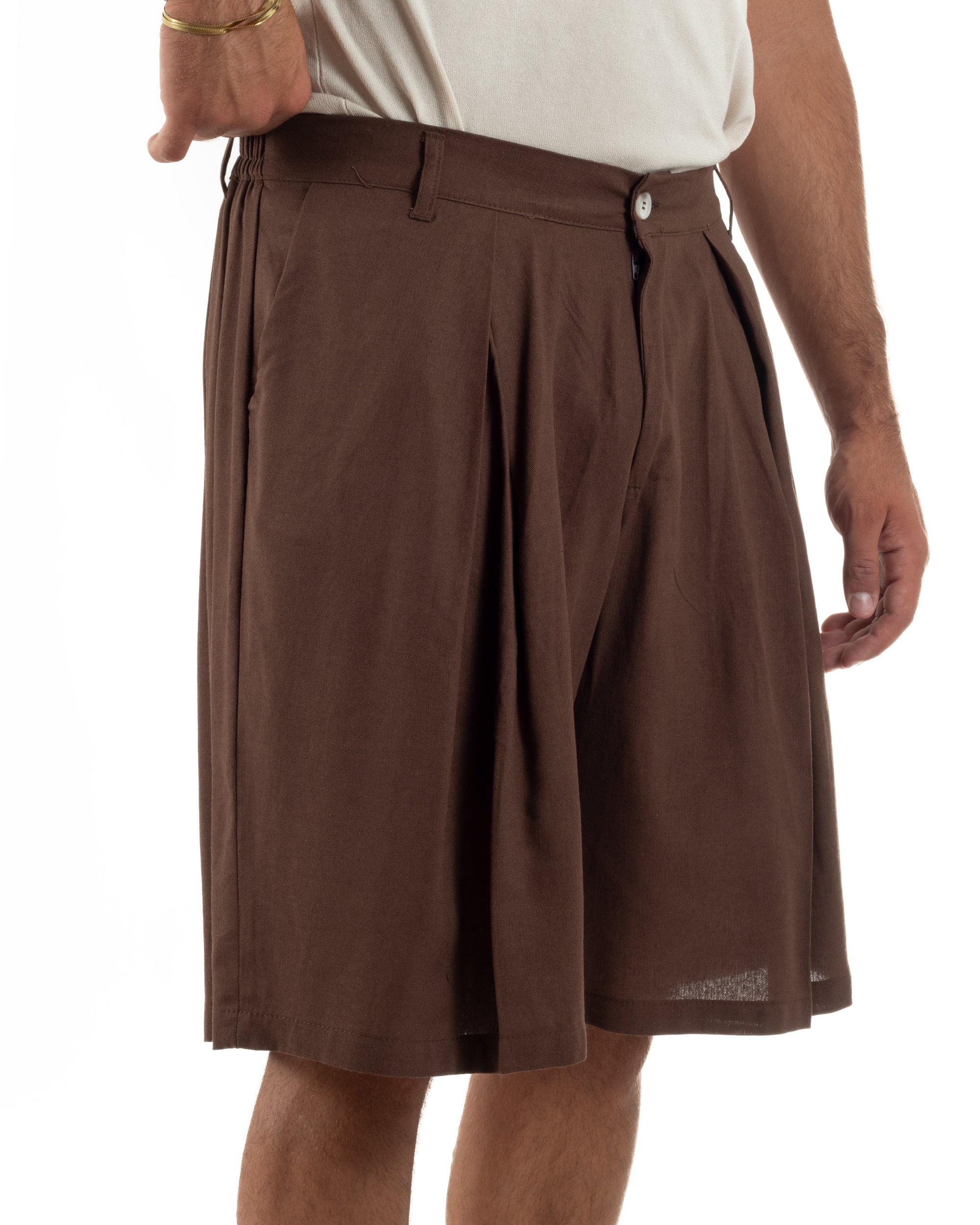 Bermuda pantaloncini uomo lino baggy fit pinces marrone GIOSAL-PC2059A