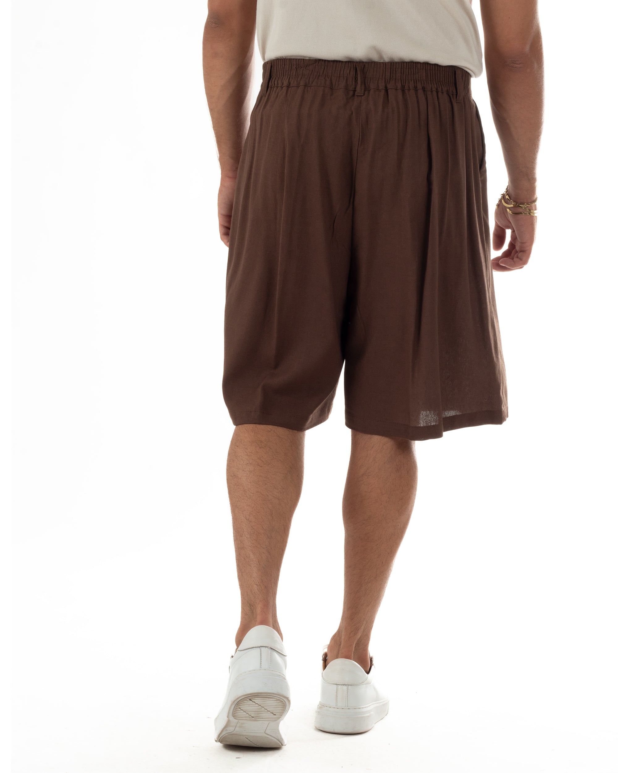 Bermuda pantaloncini uomo lino baggy fit pinces marrone GIOSAL-PC2059A