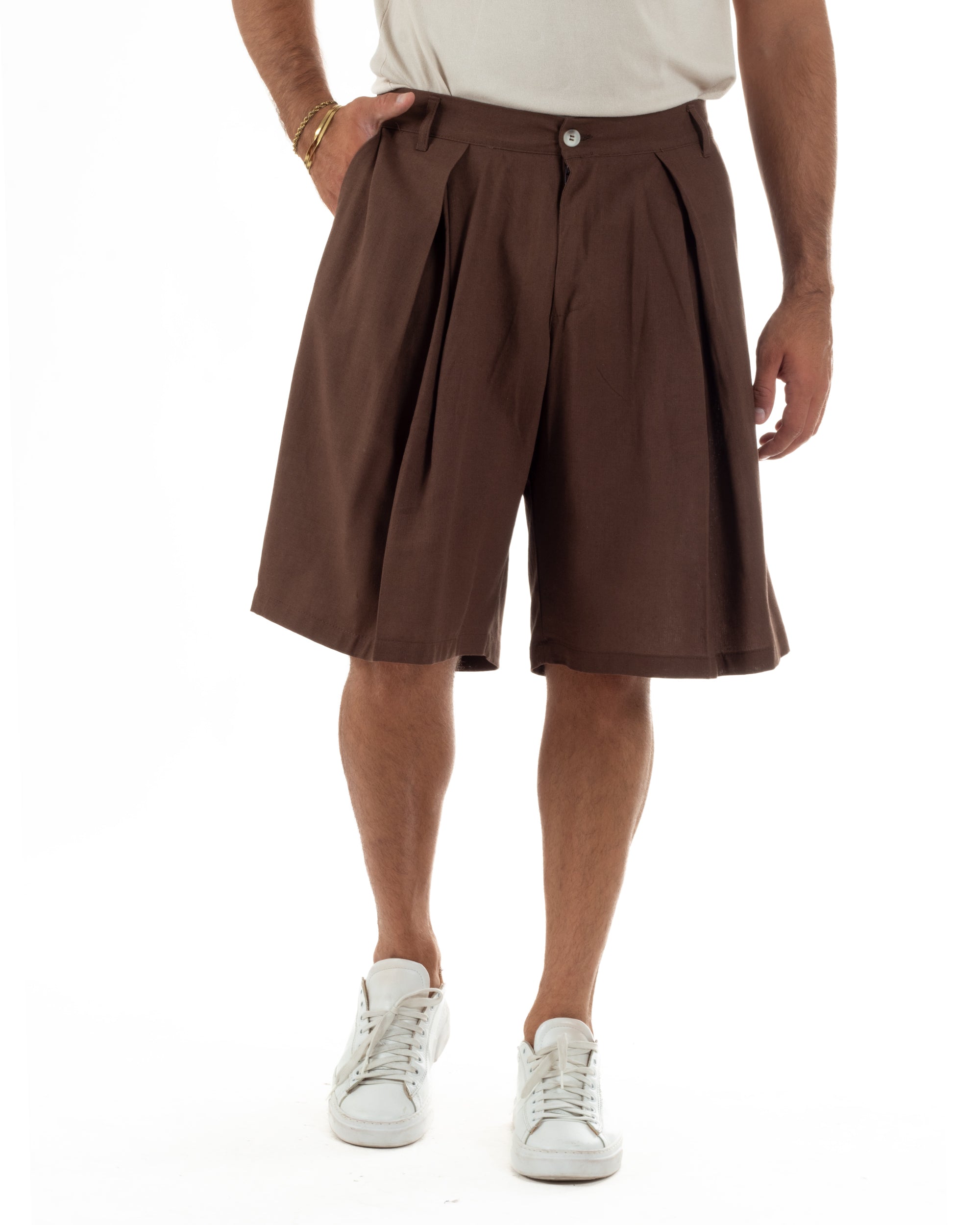 Bermuda pantaloncini uomo lino baggy fit pinces marrone GIOSAL-PC2059A