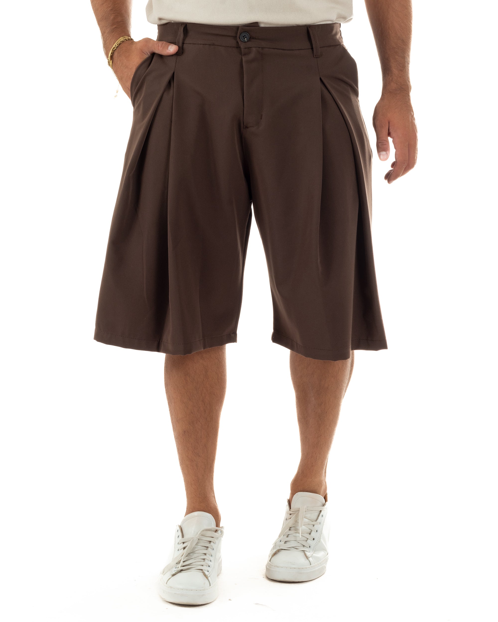 Bermuda pantaloncini uomo baggy fit pinces marrone GIOSAL-PC2061A